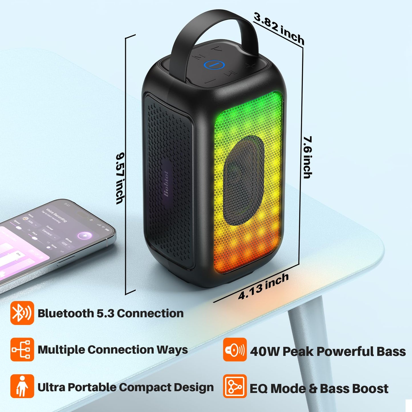 Bobtot Bluetooth Speaker Wireless, 16H Playtime 40W Peak Portable Singing Speakers, Magic Voice, Echo, EQ, Stereo Sound, Deep Bass, RGB, Supports AUX,USB, FM, Pink