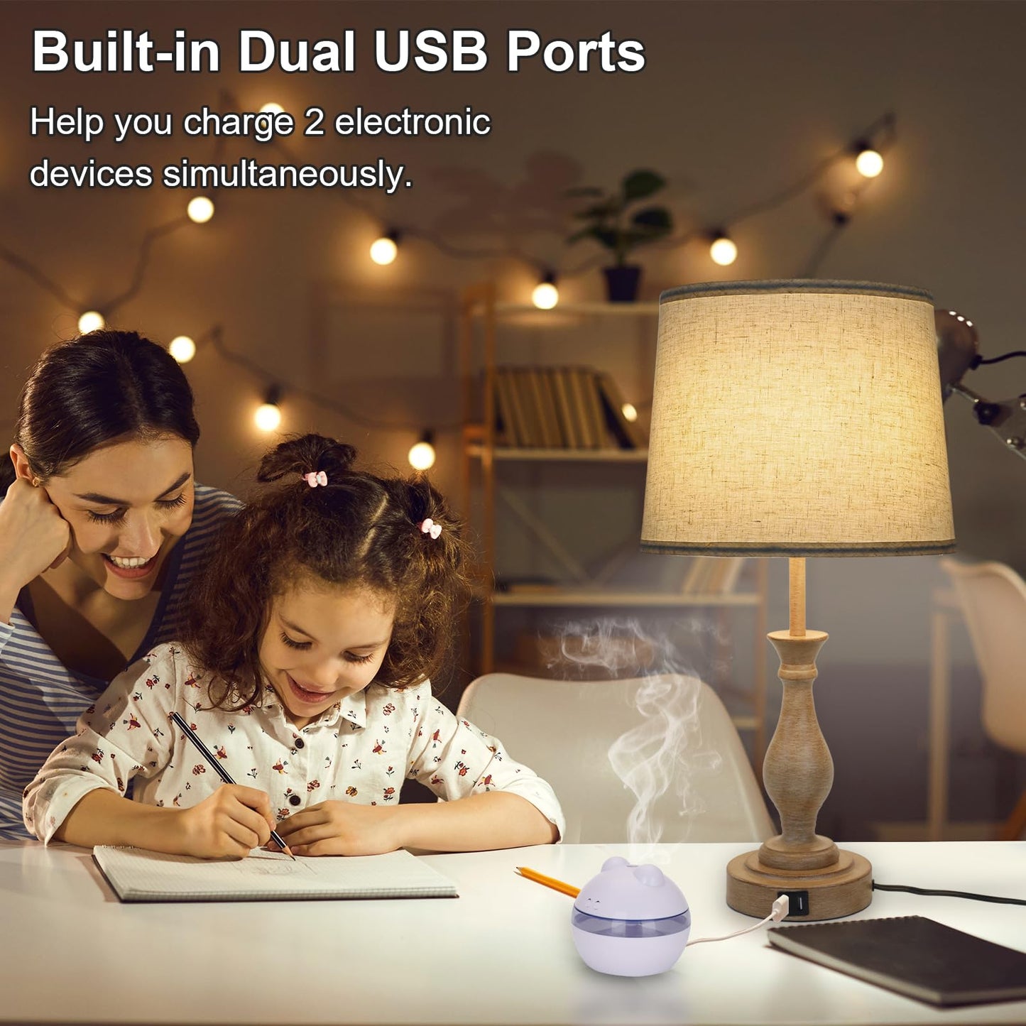 Touch Lamps for Bedrooms Set of 2, Farmhouse Table Lamp with Dual USB Charging Ports, 3 Way Dimmable Nightstand Lamps with Linen Fabric Lampshade for Bedroom, Living Room (Pack2-01A)