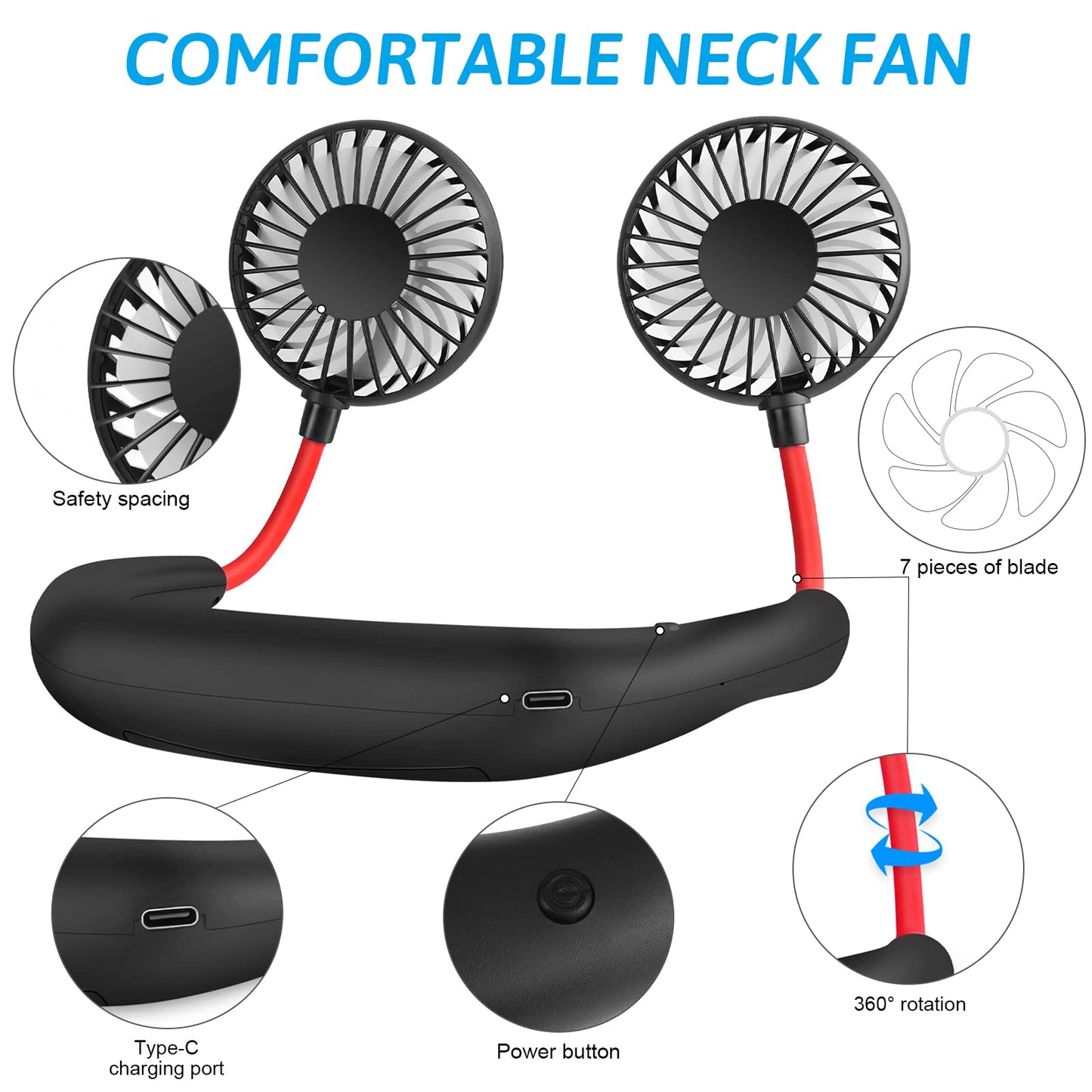 Portable Rechargeable Neck Fan with 360° Rotation