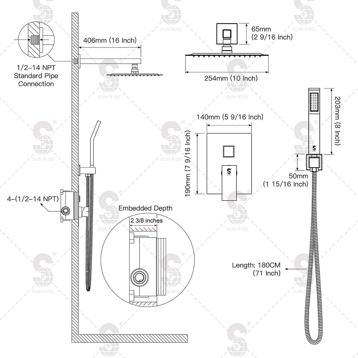 SR SUN RISE White Square Rainfall Shower Head and Handle Set, Wall Mounted Shower Fixtures, Metal Shower Faucet Trim Repair Kits (With Shower Valve) 10 Inches