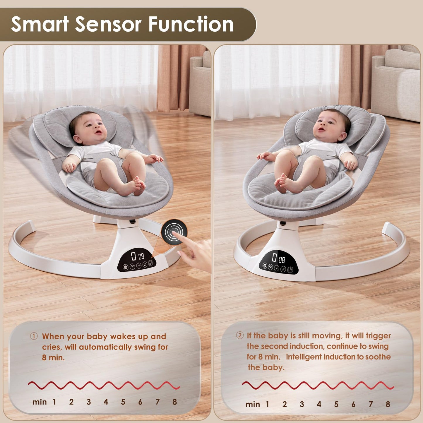 Ixdregan Baby Swings for Infants - Exclusive App & Bluetooth Electric Baby Swing, Smart Sensor&Timing, 5 Speeds, 12 Preset Lullabies and Back-Up Pillow, Portable Baby Swing for Indoor/Outdoor(Grey)