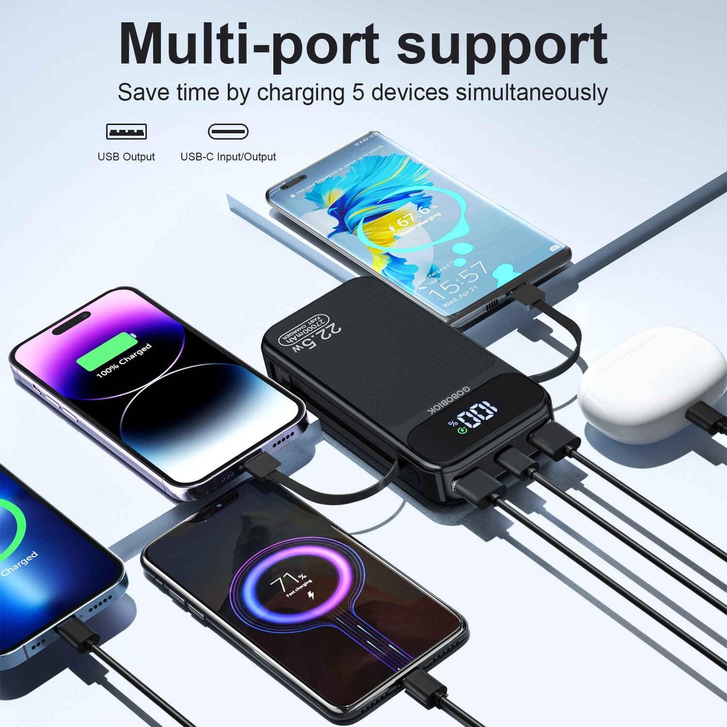 GOBOBIOK 27000mAh Portable Charger with Built-in Cables