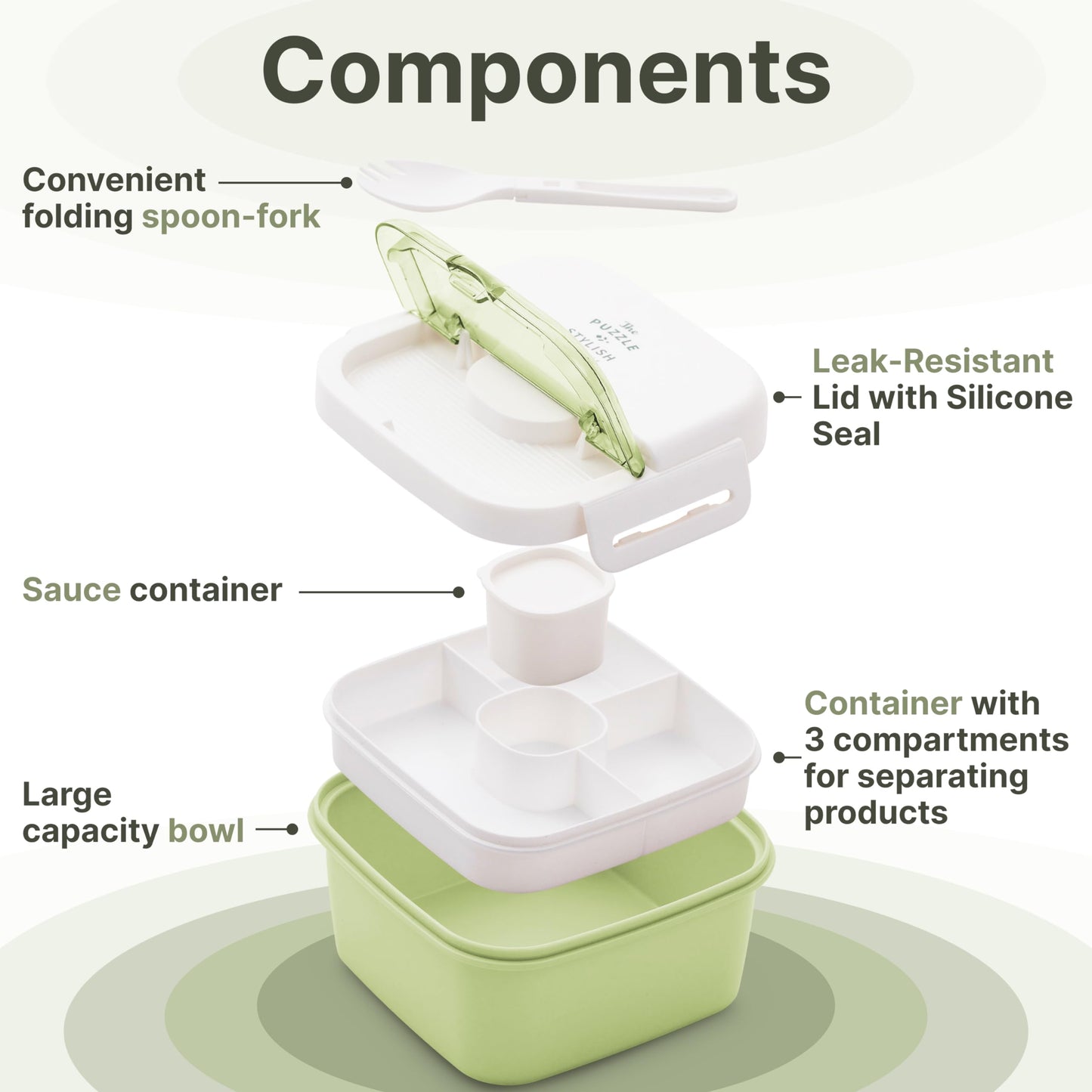 Earth&ME Bento Lunch Box For Kids Adults, 1100 Ml Lunch Box Container With 2 Floors 3 Compartments, Leak-proof Sauce Container, Spork, Bento Box For School Office Travel, Green