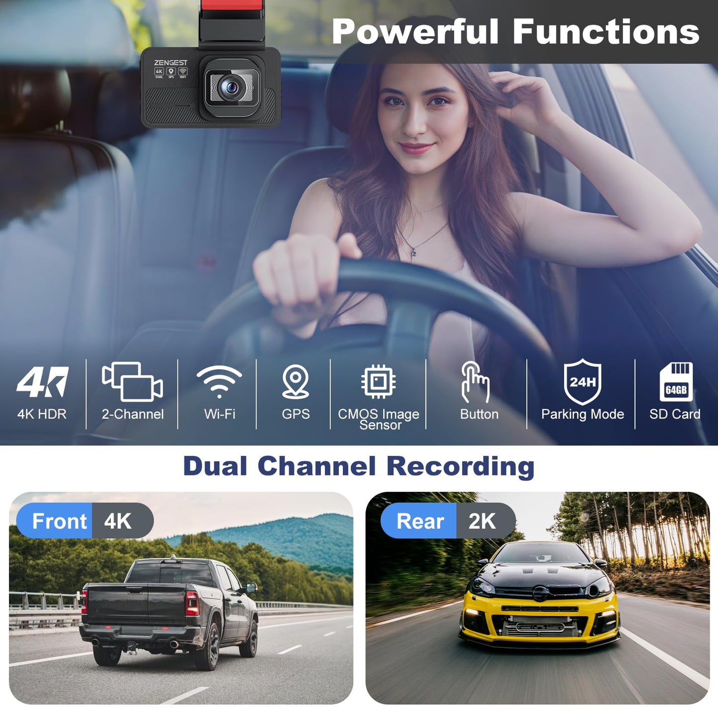 4K Dash Cam Front and Rear with Night Vision