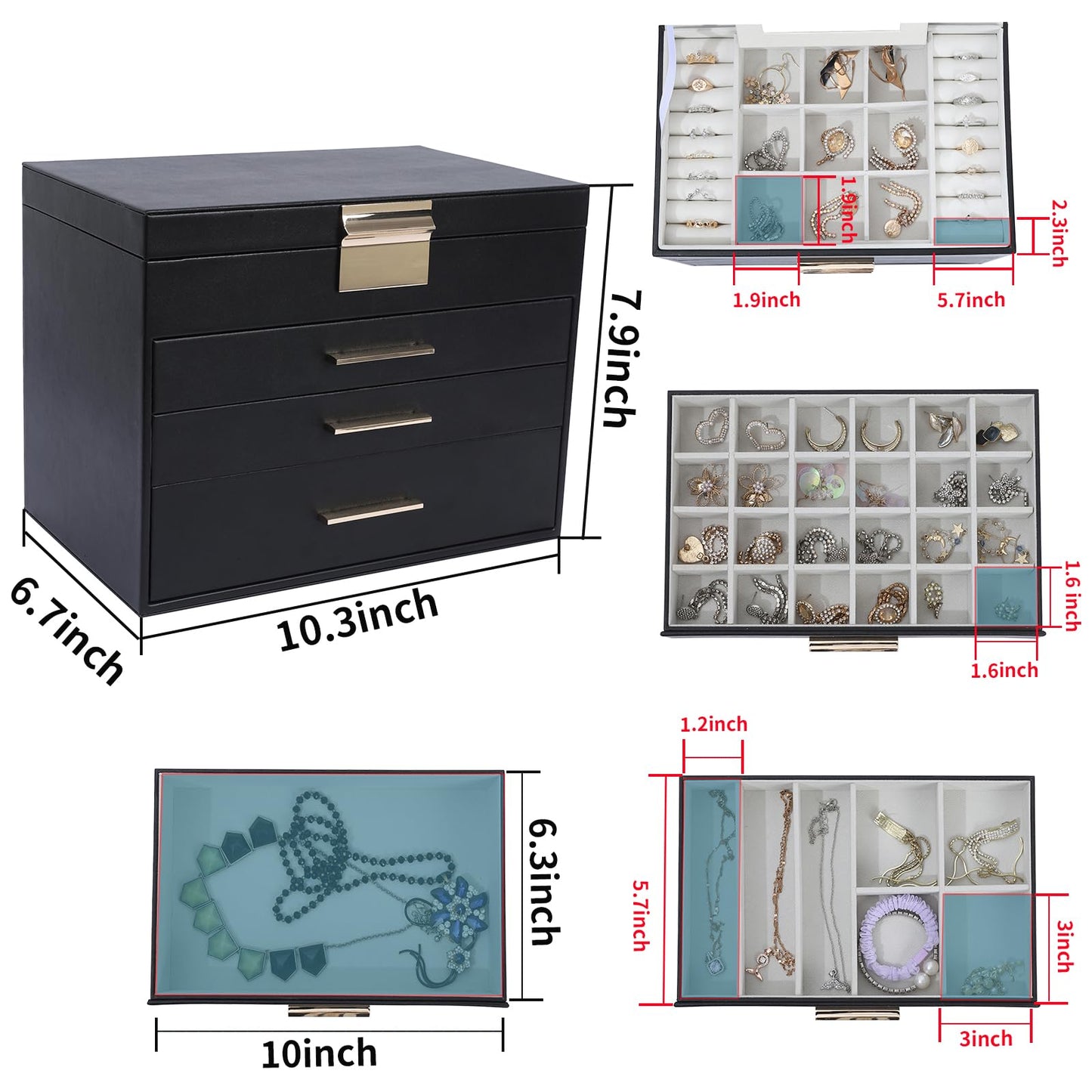 BOOVO 4 Layer Jewelry Box for Women, Jewelry Organizer Box with Necklace Hooks, 3 Drawers White Jewelry Box for Sunglasses, Necklace and Bracelet Storage (Black)