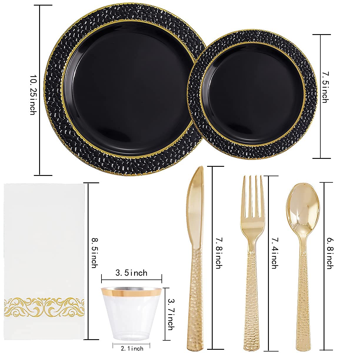 FLOWERCAT 175PCS Black Plastic Plates with Gold Rim & Black and Gold Plastic Plates & Gold Plastic Silverware & Black Disposable Plates for Wedding,Halloween Party, New Year