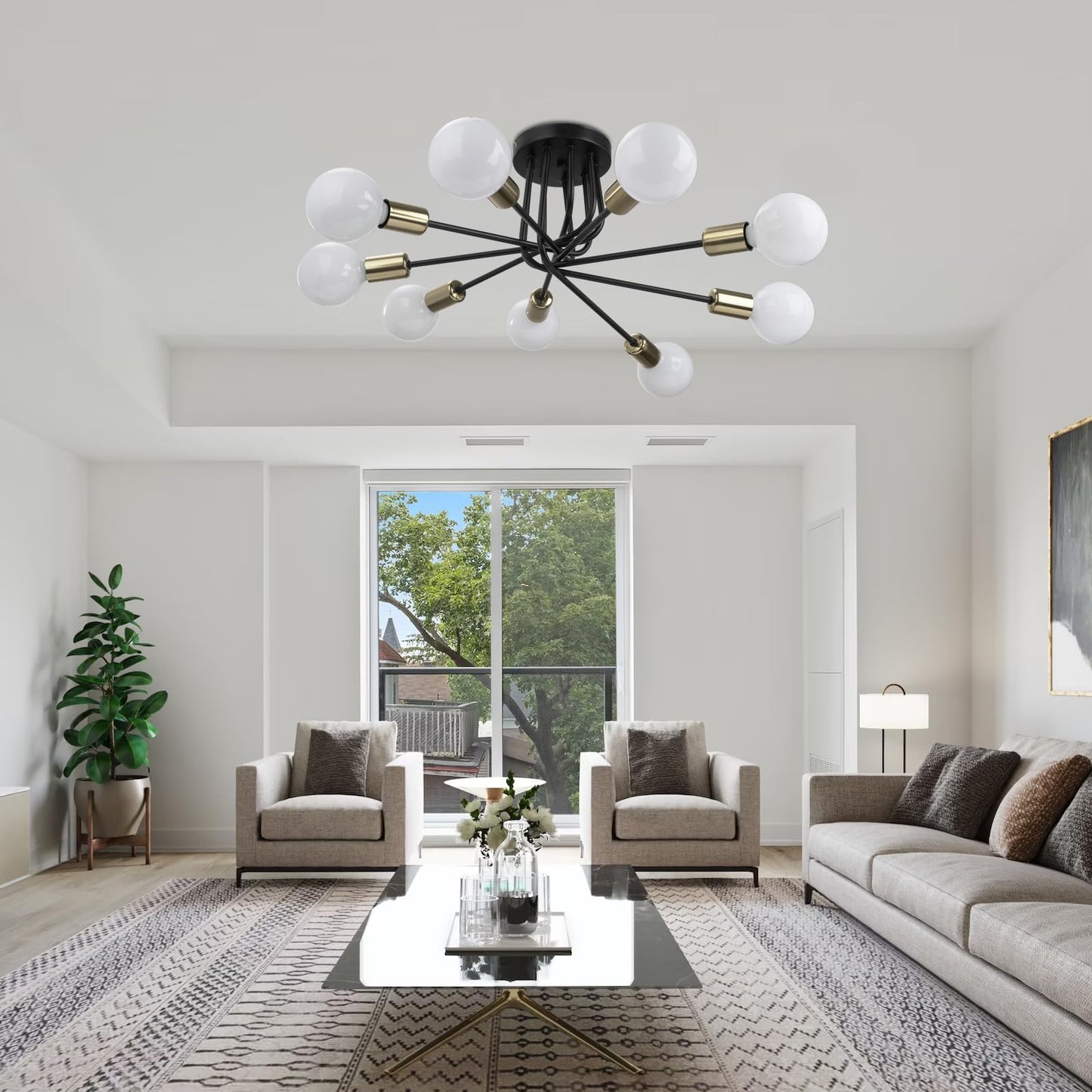 FRIDEKO HOME Modern Sputnik Ceiling Light- 9 Light Semi Flush Mount Ceiling Light Fixture Industrial Ceiling Lamp Black and Gold Chandelier for Farmhouse Kitchen Dining Room Bedroom Living Room