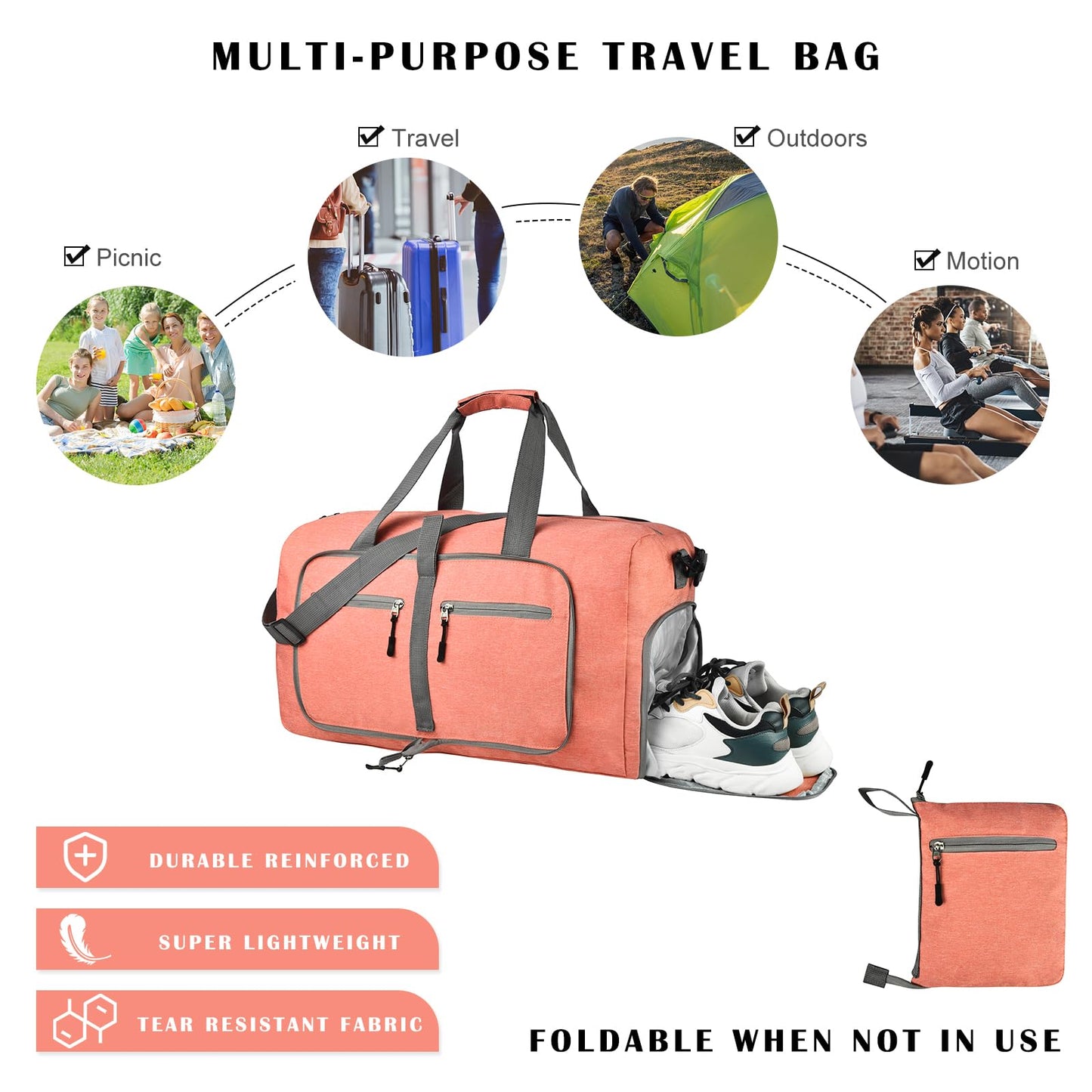 65L Travel Duffle Bag with Shoe Compartment