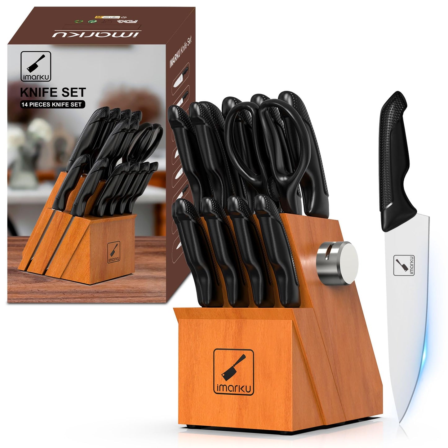 imarku Knife Set, 14PCS Kitchen Knife Set with Block, Japanese High Carbon Stainless Steel Knives Set for Kitchen, Dishwasher Safe, Non-Slip Handle, Super Sharp Chef Knife Set for Home and Restaurant