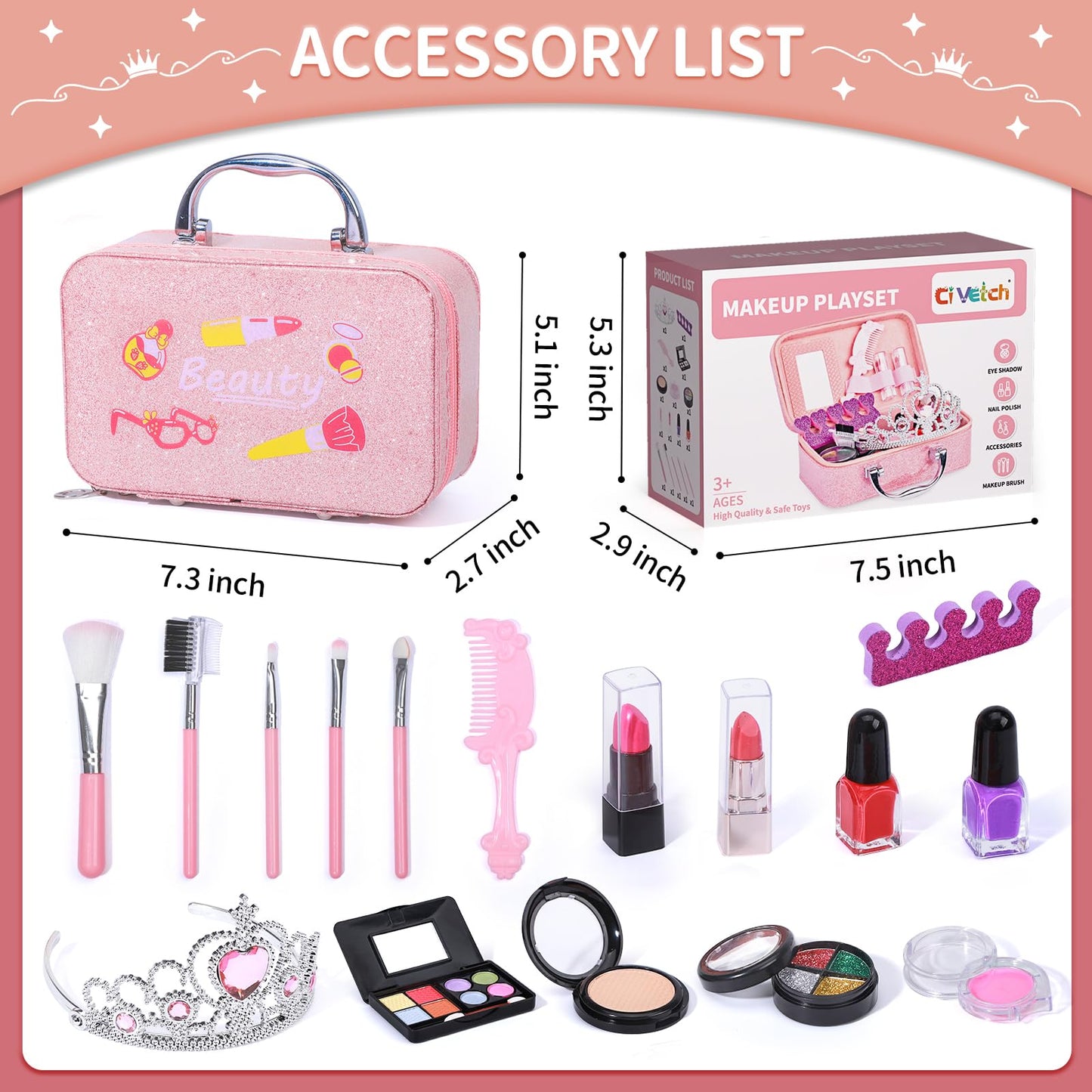 Ci Vetch Kids Makeup Kit for Girl, Pretend Makeup for Toddlers Kids, Washable Non Toxic Make Up with Cosmetic Bag for Girls, Pretend Play Toy Makeup Set Gift for Little Girls Age 3 4 5 6 7 8 Years Old