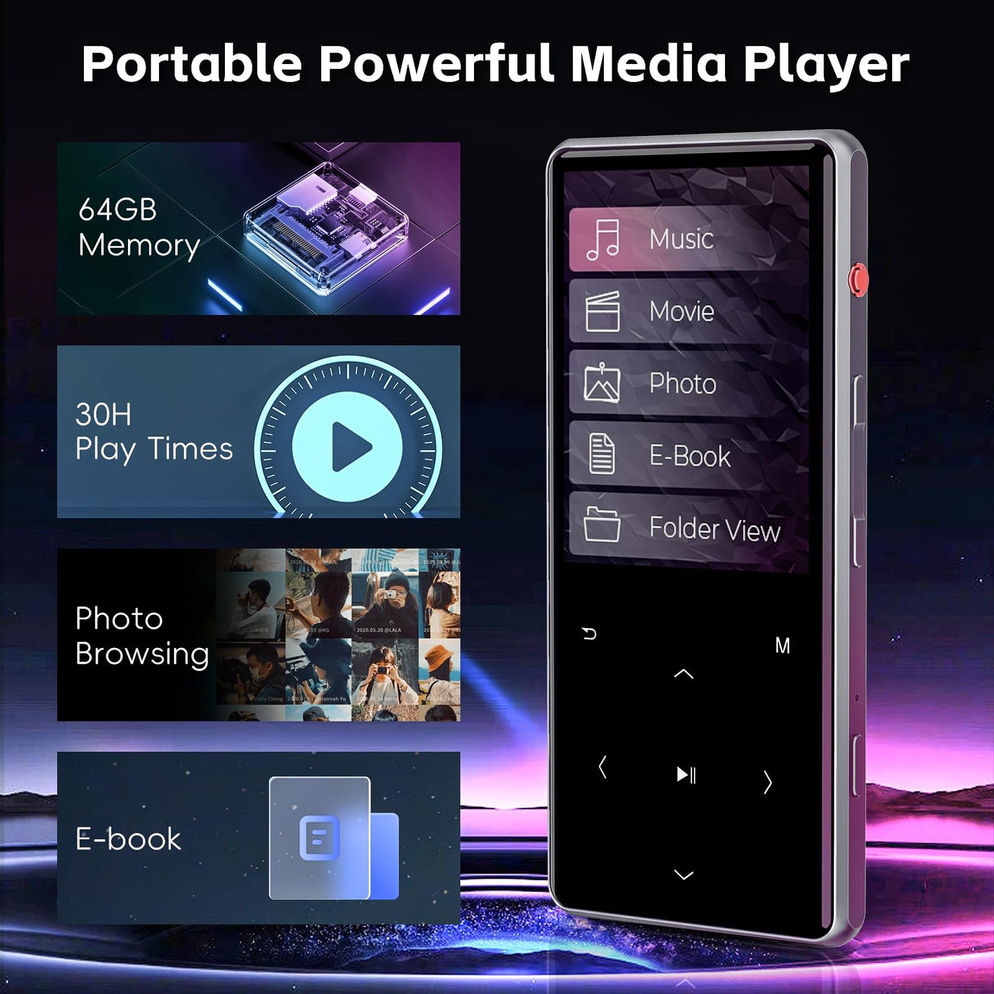HIFI WALKER M7 64GB MP3 Player with Bluetooth 5.0: 2.4" Screen Portable Music Player with Speaker-Lossless Music Digital Player with Earphones,Voice Recorder,E-Book,Touch Buttons,Ideal for Sport Black
