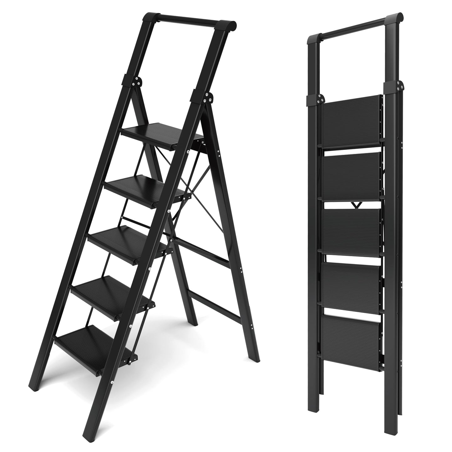 Lightweight Aluminum 5-Step Folding Ladder - Black