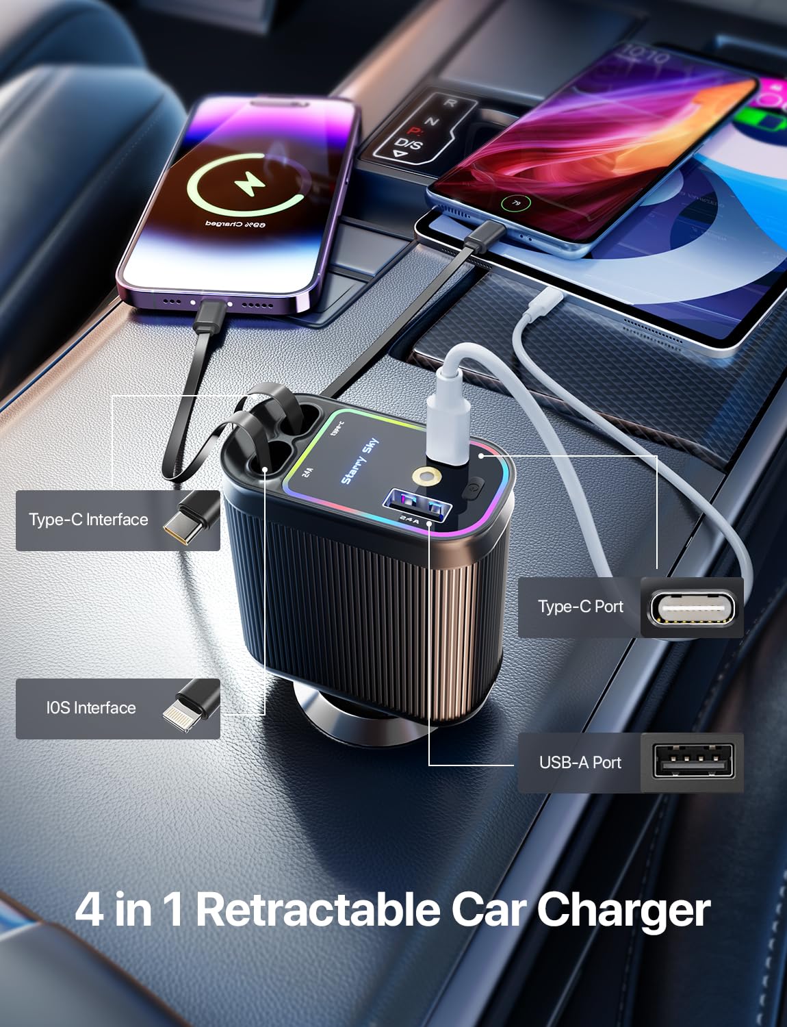 4-in-1 Retractable Car Charger with Fast Charging