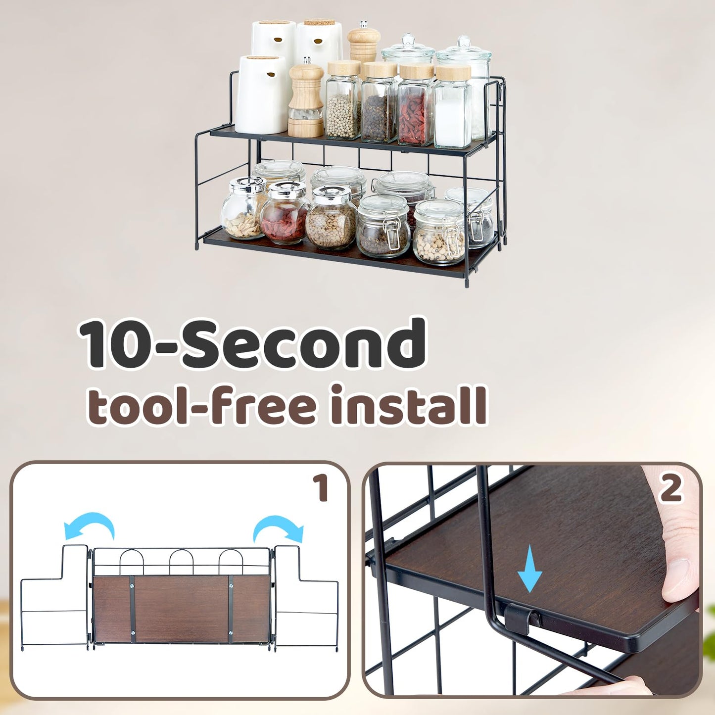Edergoo Bathroom Counter Organizer 10s Tool-Free Install, 2 Tier Bathroom Organizers and Storage, Collapsible Bathroom Organizer Countertop, Wood Bathroom Kitchen Countertop Organizer, Black