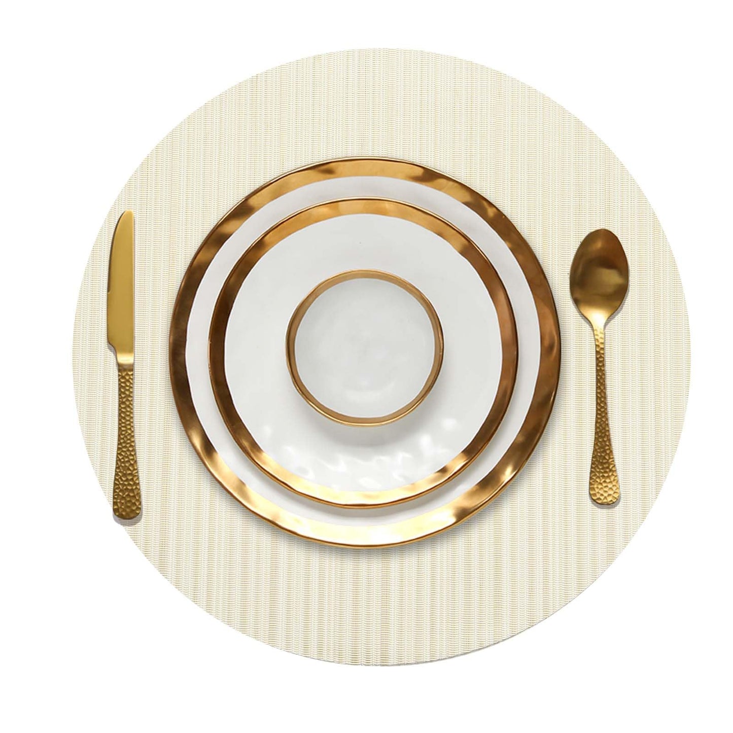 FunWheat Placemats Set of 8 Vinyl Washable Place Mats for Dining Table Durable Plastic Woven Round Table Mats 15 inches Easy to Clean (Round Beige, 8pcs)