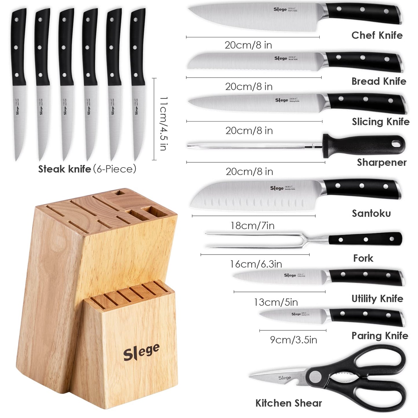 Slege 16pcs Kitchen Knife Set, High Carbon Stainless Steel, Forged Triple Rivet, with Sharpener and Kitchen Shear, Classic Straight Handle