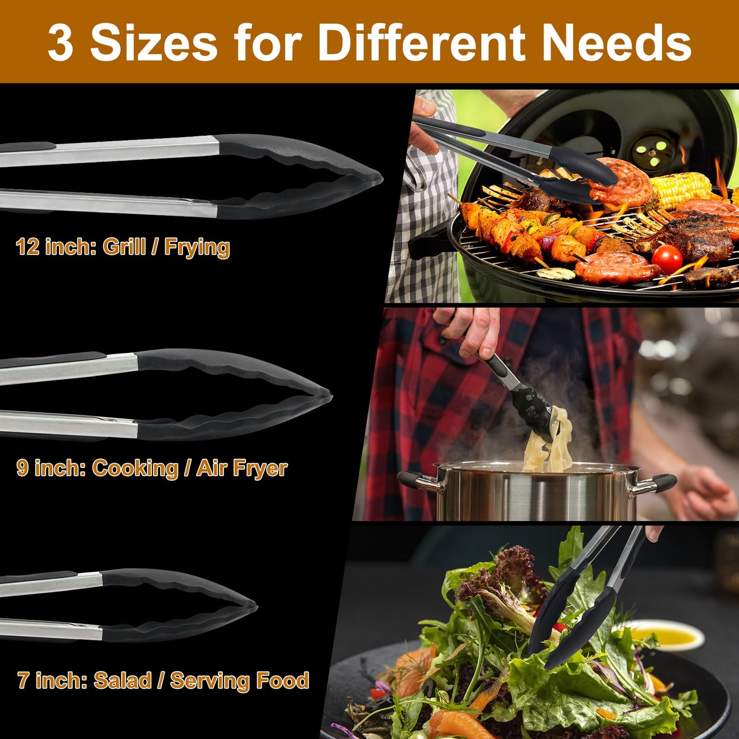 Black Silicone Kitchen Tongs Set - 3 Sizes