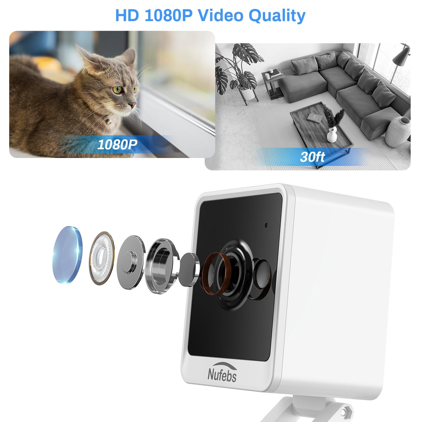 NUFEBS Mini 1080P Security Camera Indoor Compact Plug-in Wired Monitor with 2.4G WiFi Night Vision 2 Way Talk Motion Tracking SD&Cloud Pet Camera for Home Security (White)
