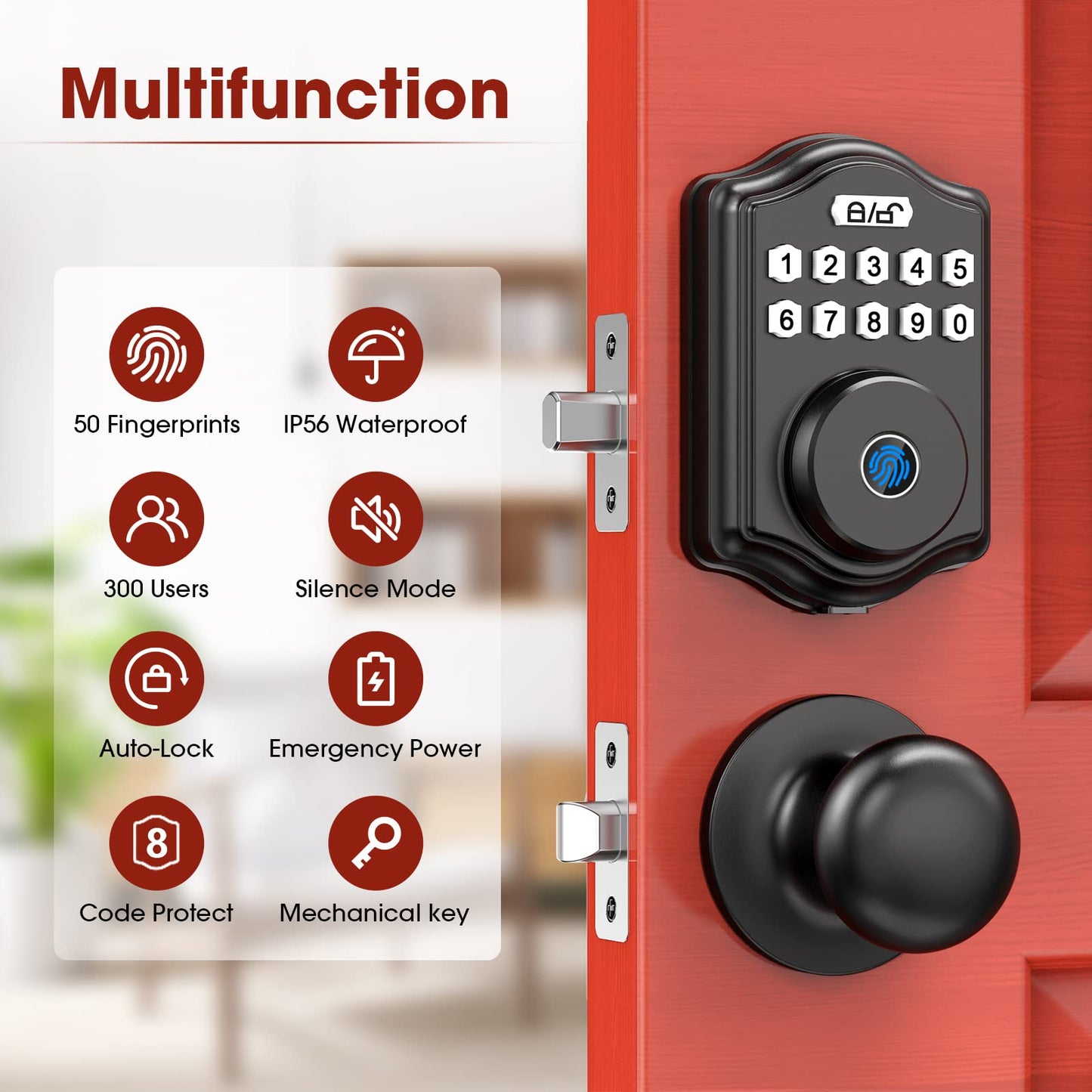 Fingerprint Deadbolt Lock for Door, Keypad Deadbolt Front Door Lock Set with Passage Door Knob, Digital Electronic Door Lock with Code/Fingerprint/Key, IP65 Auto-Lock Door Locks for Front Door