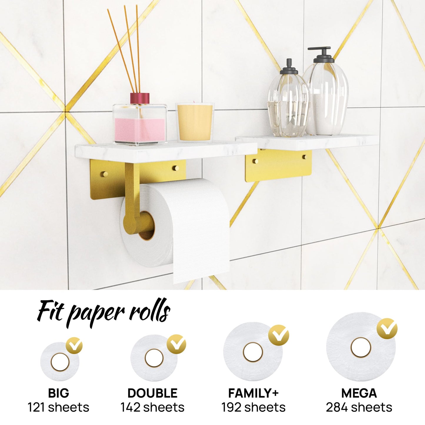 Double SHELVE Toilet Paper Holder with Natural Marble Shelf, Screw Wall Mounted, Tissue Roll Holder for Bathroom Gold