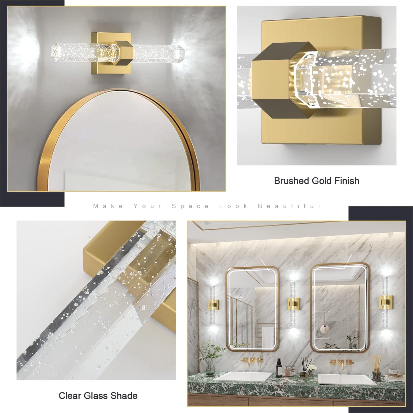 Aipsun Gold Bathroom Vanity Light Fixtures Modern Bathroom Light Fixtures LED Vanity Light for Bathroom Wall Light Fixtures 6000K