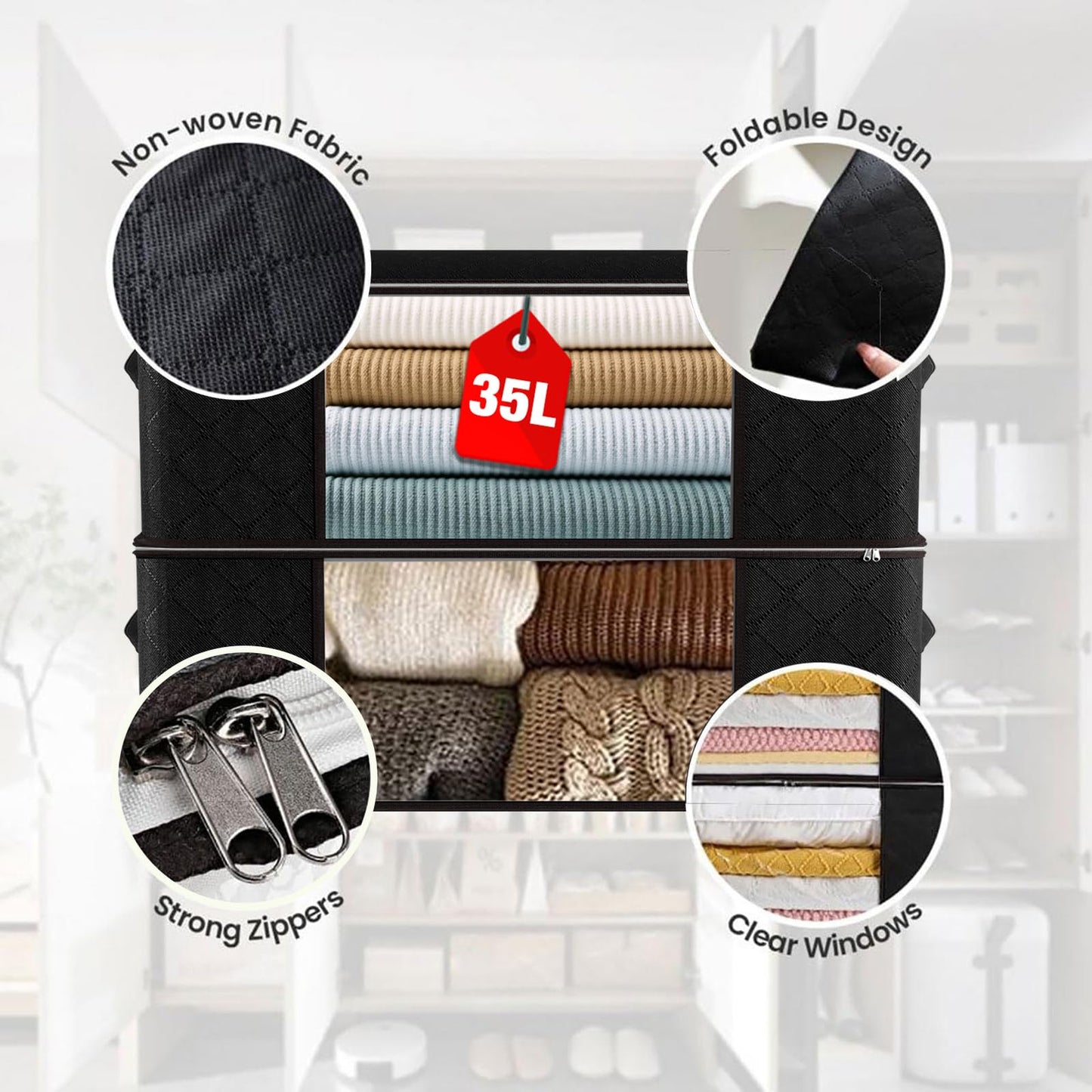 Joymeezo 3 Pack 35L Storage Bags,Clothes Storage Bins Foldable Closet Organizers Storage Bags with Zipper& Handle for Clothing, Blanket, Sweaters and Plush Toys (Black)
