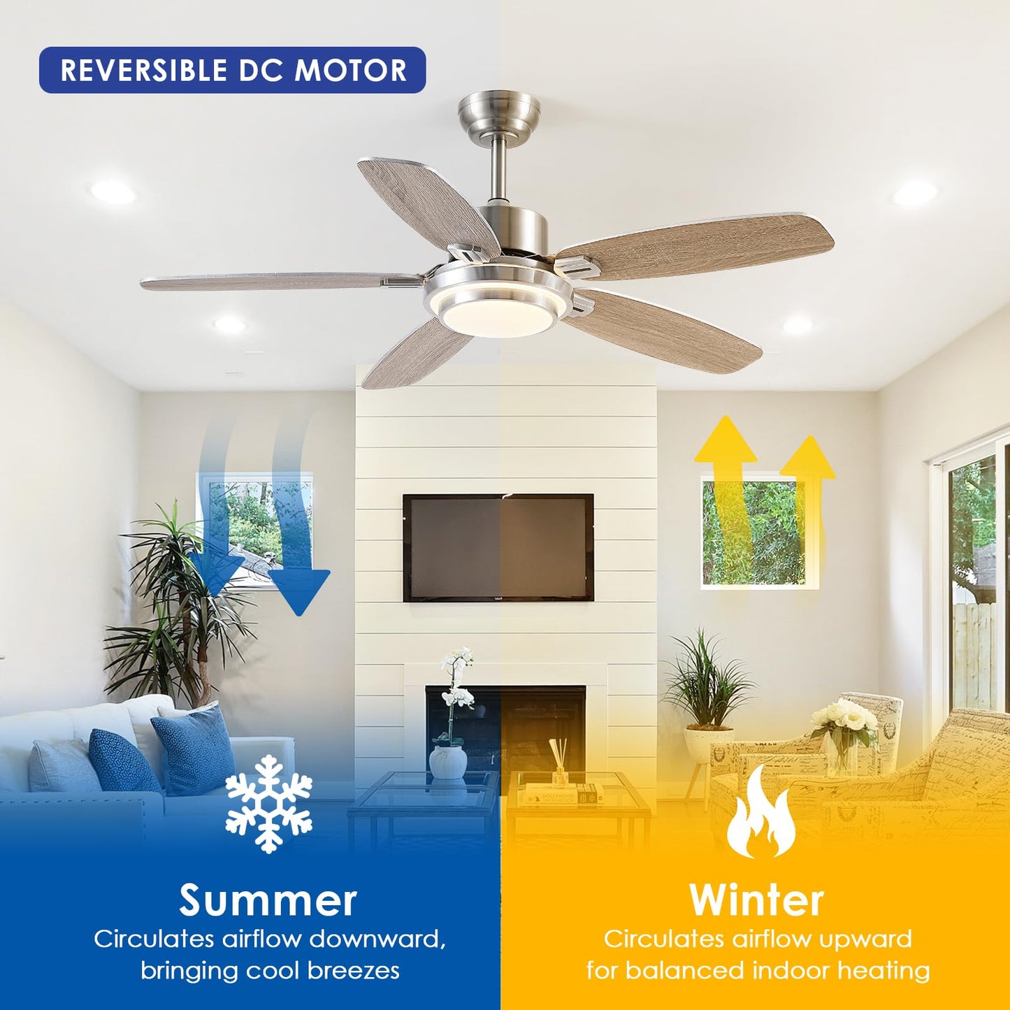 Ceiling Fan with Light and Remote/APP Control,50" Modern Indoor Ceiling Fan with DC Reversible Motor, Quiet 6 Speeds Flush Mount Ceiling fan Light for Bedroom,Dinnig Room,Brushed Nickel