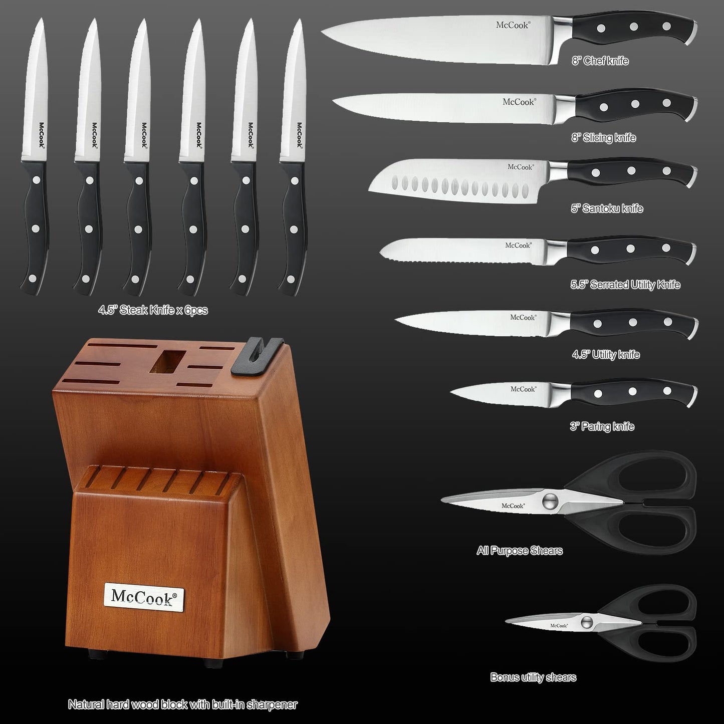 McCook Knife Set with Wooden Block & Sharpener