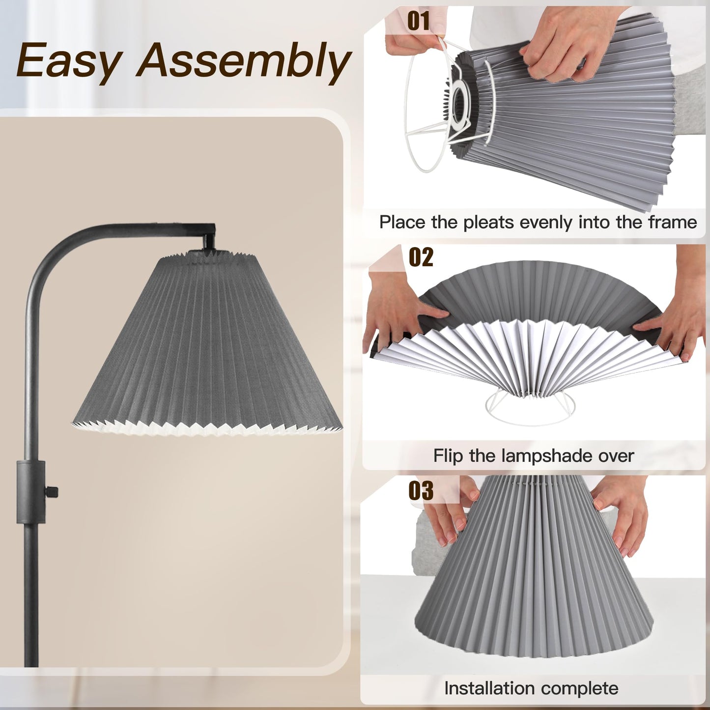 COFF Dimmable Floor Lamp, Arc Standing Lamp with 1000 Lumens LED Edison Bulb Included, Pleated Shade Modern Tall Pole Lamp for Living Room, Bedroom, Office, Color Gray