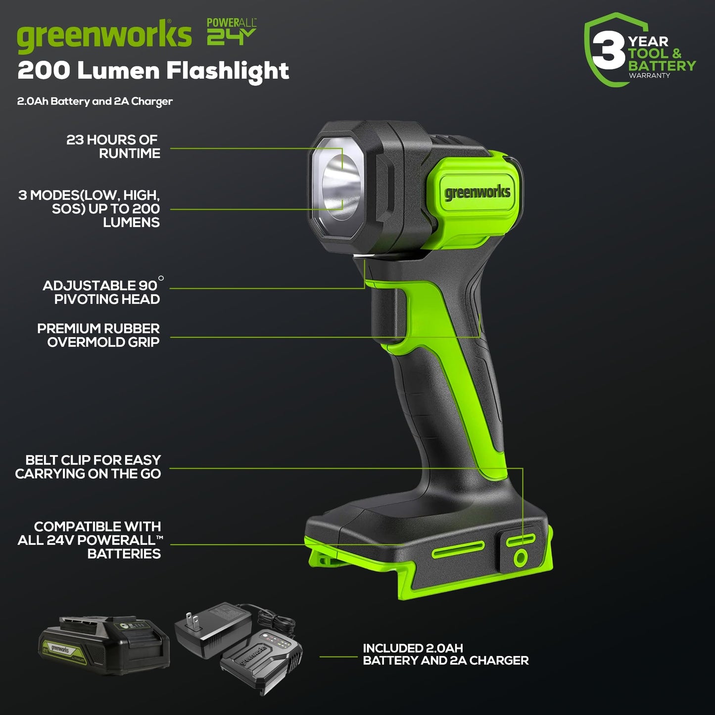 Greenworks 24V Cordless LED Flashlight Kit