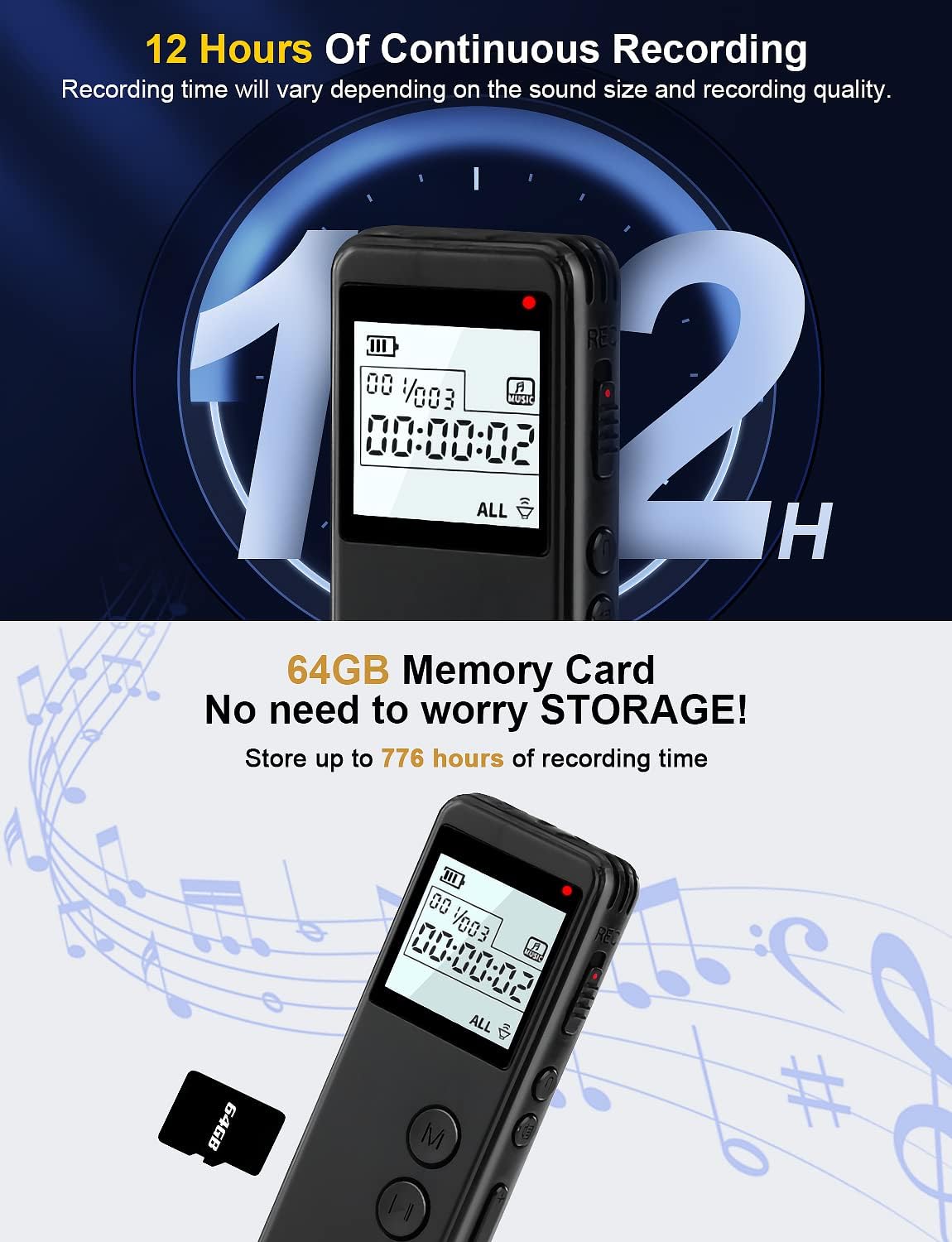 64GB Voice Activated Digital Recorder for Lectures