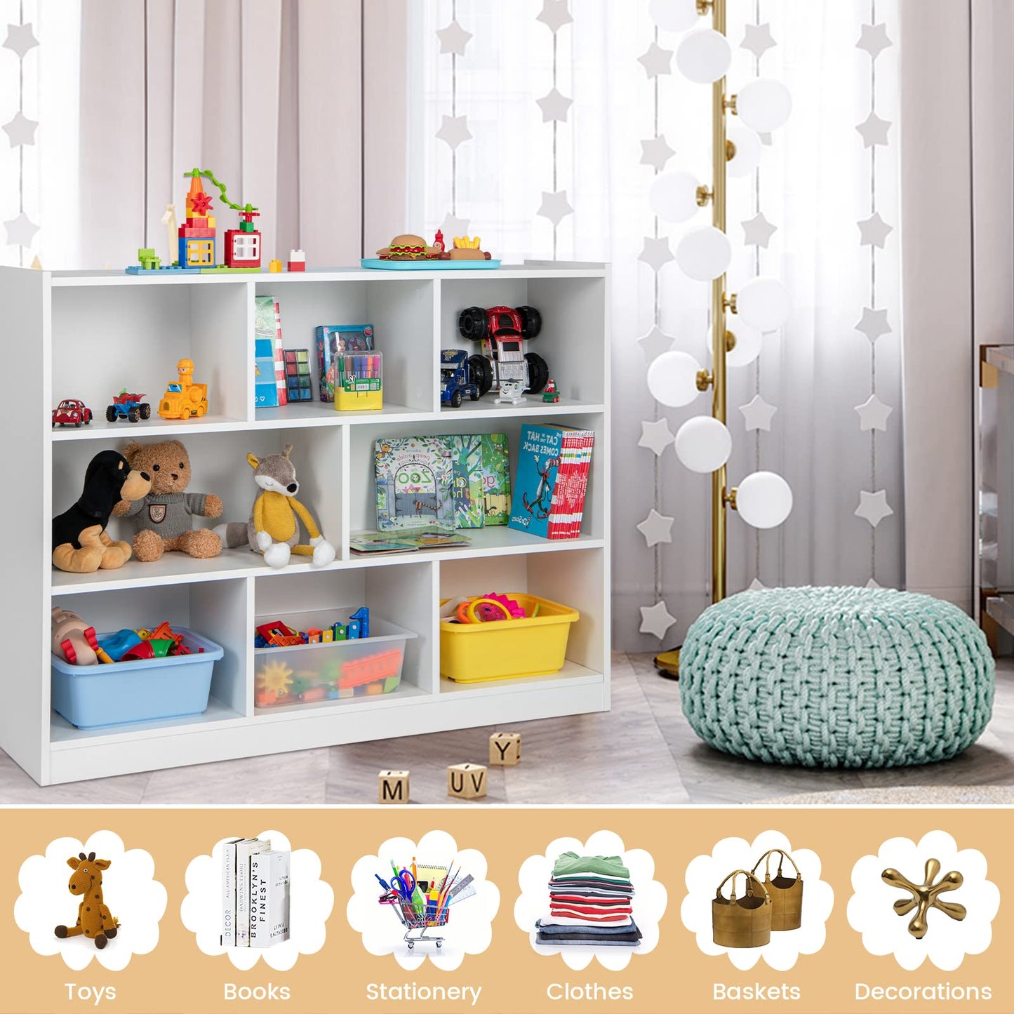 KOTEK Toy Storage Organizer, 8 Cubby Kids Bookshelf, Wooden 4-Tier Bookcase Storage Cabinet, Open Display Book Shelf for Daycare, Nursery, School Classroom, Playroom & Bedroom (White, 8 Cubes)