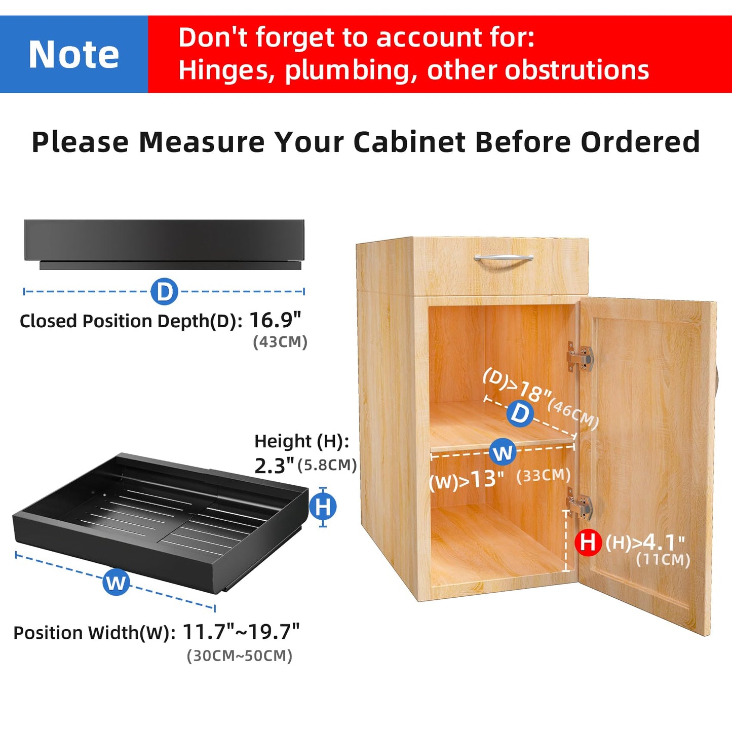 Pull out Cabinet Organizer, Expandable(11.7"-19.7") Heavy Duty Slide out Drawers Fixed with Adhesive Nano Film for Pots, Roll out Shelf Storage for Kitchen Cabinet Organization, Pantry(Black)