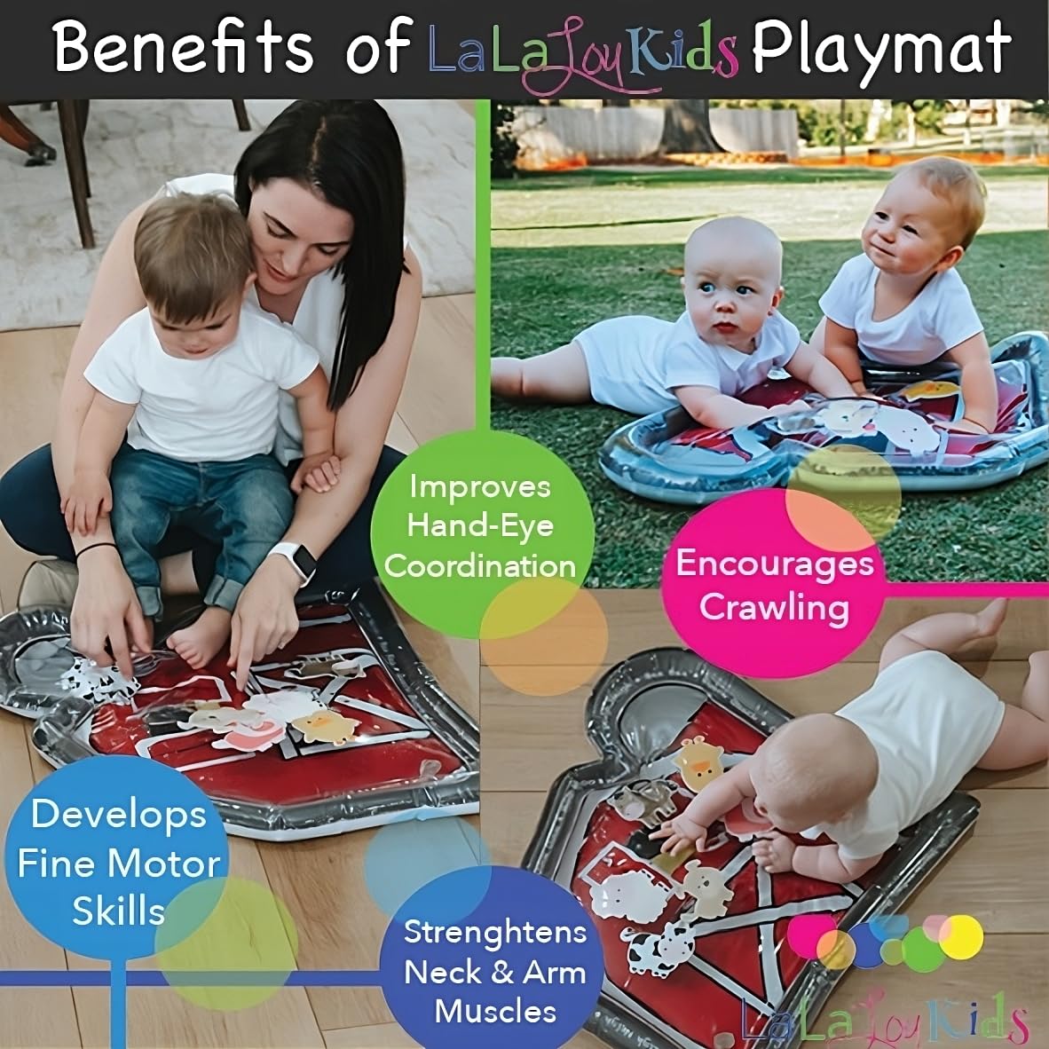 LaLa Lou Kids Tummy Time Mat Premium Inflatable Big Red Barn Farmer Toy Tummy Time Water Mat with Stimulation Toys Promoting Muscles Development and Motor Skills in Infants and Toddlers