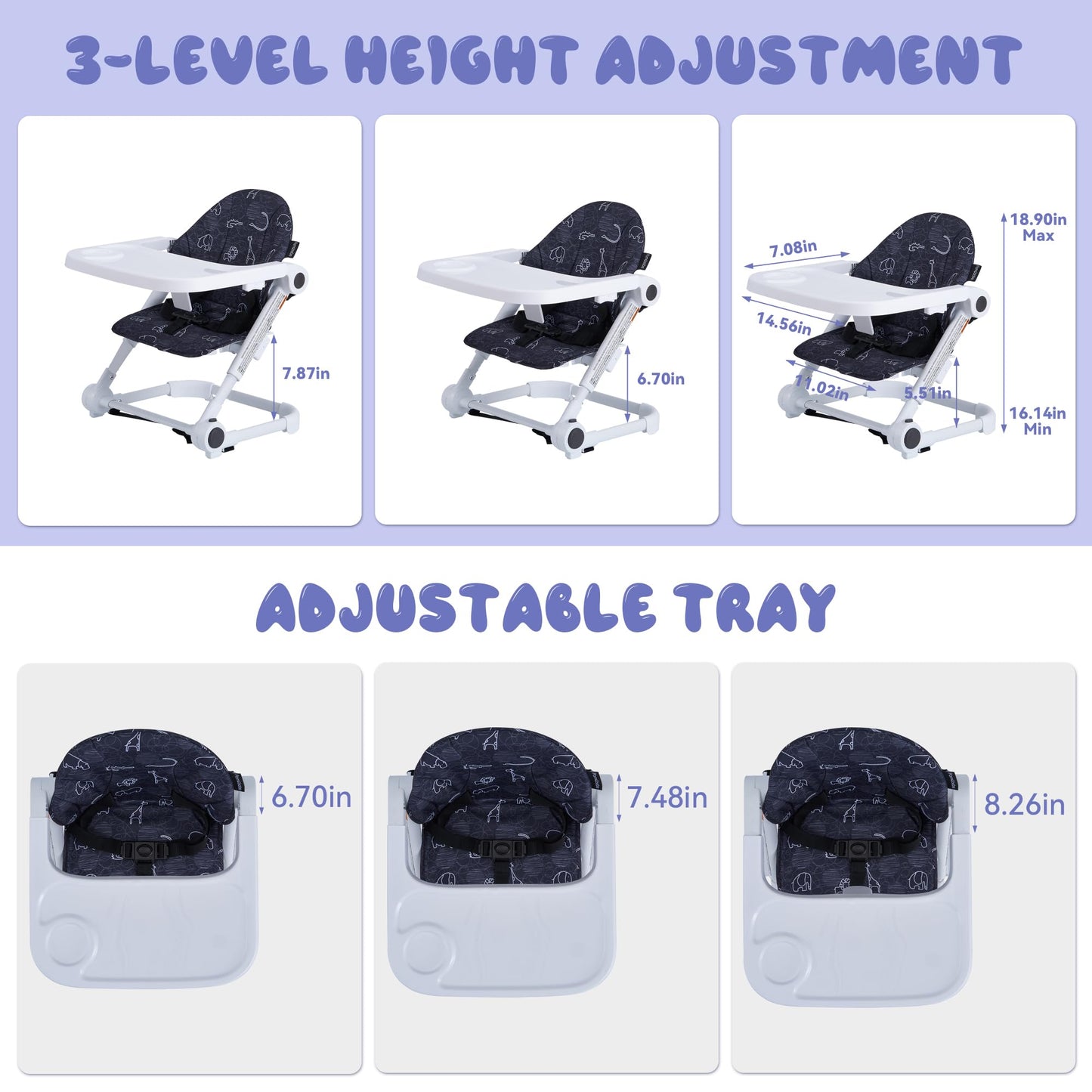 Pamo Babe Booster Seat for Dining Table, Travel Lightweight Folding 2-in-1 Feeding Seat for Baby, Adjustable Tray and Adjustable Hight (Black)
