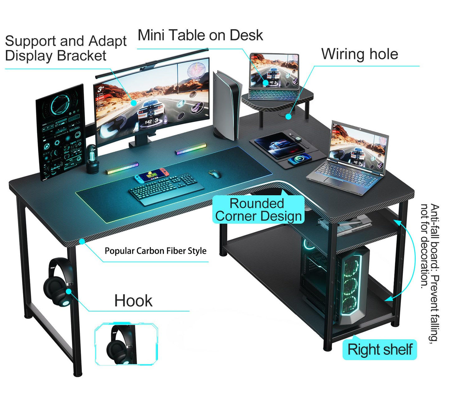 GTRACING L Shaped Gaming Desk with Adjustable Shelf