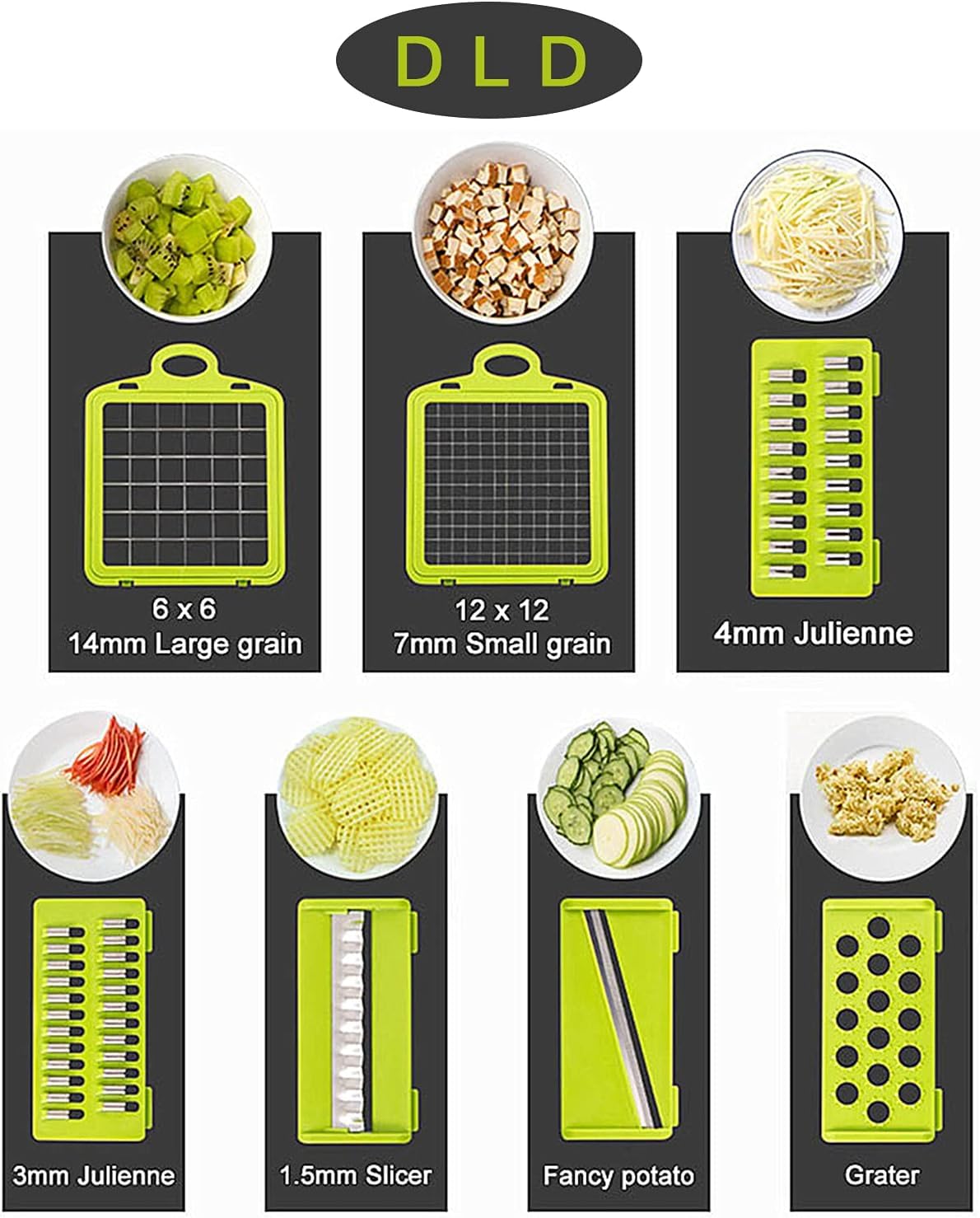 DLD Vegetable Chopper, 12 in 1 Professional Mandoline Slicer for Kitchen, Multifunctional Food Chopper Cutter for Onion, Potato, Tomato, Veggie with 8 blades and Strainer Basket (Gray)