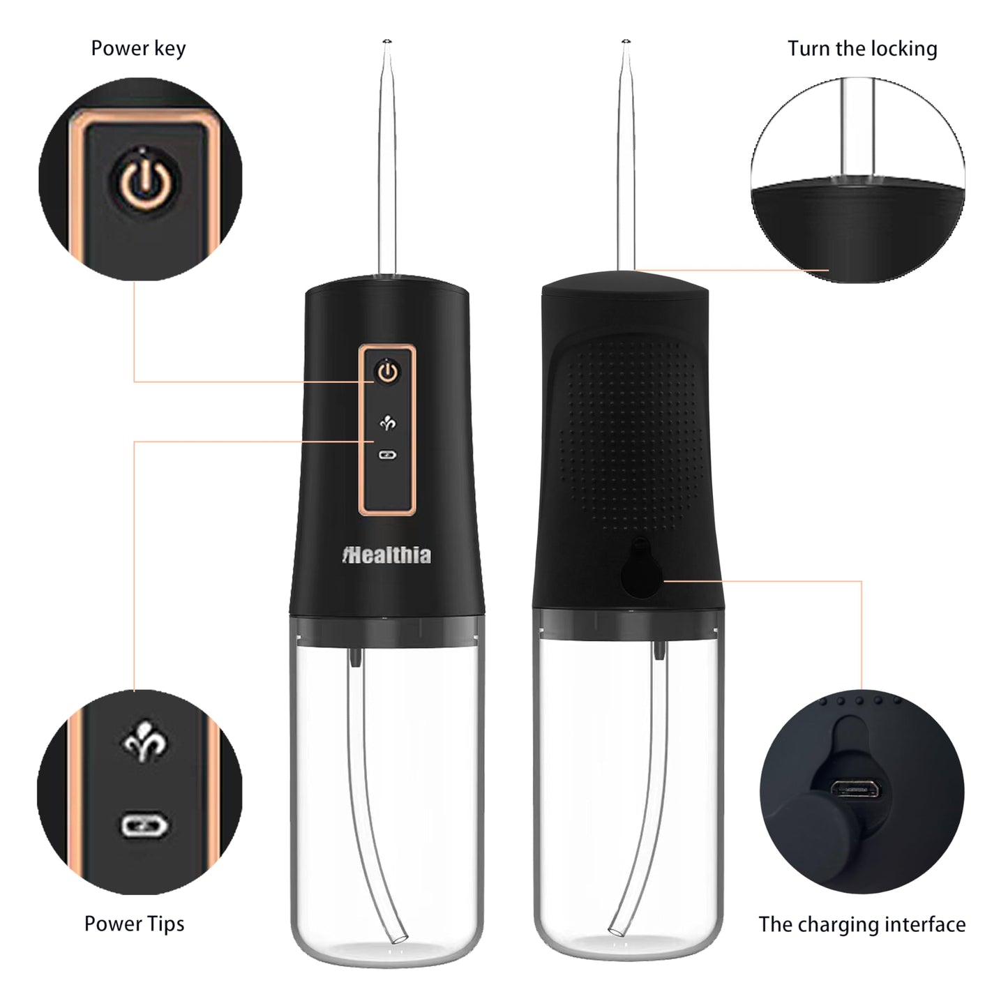 iHealthia Water Flosser for Teeth,Water Denture Brush,Rechargeable-Waterproof,Portable Cordless,Water flossers, 3 Modes 4 Nozzles, for Home&Travel (Elegant Black)