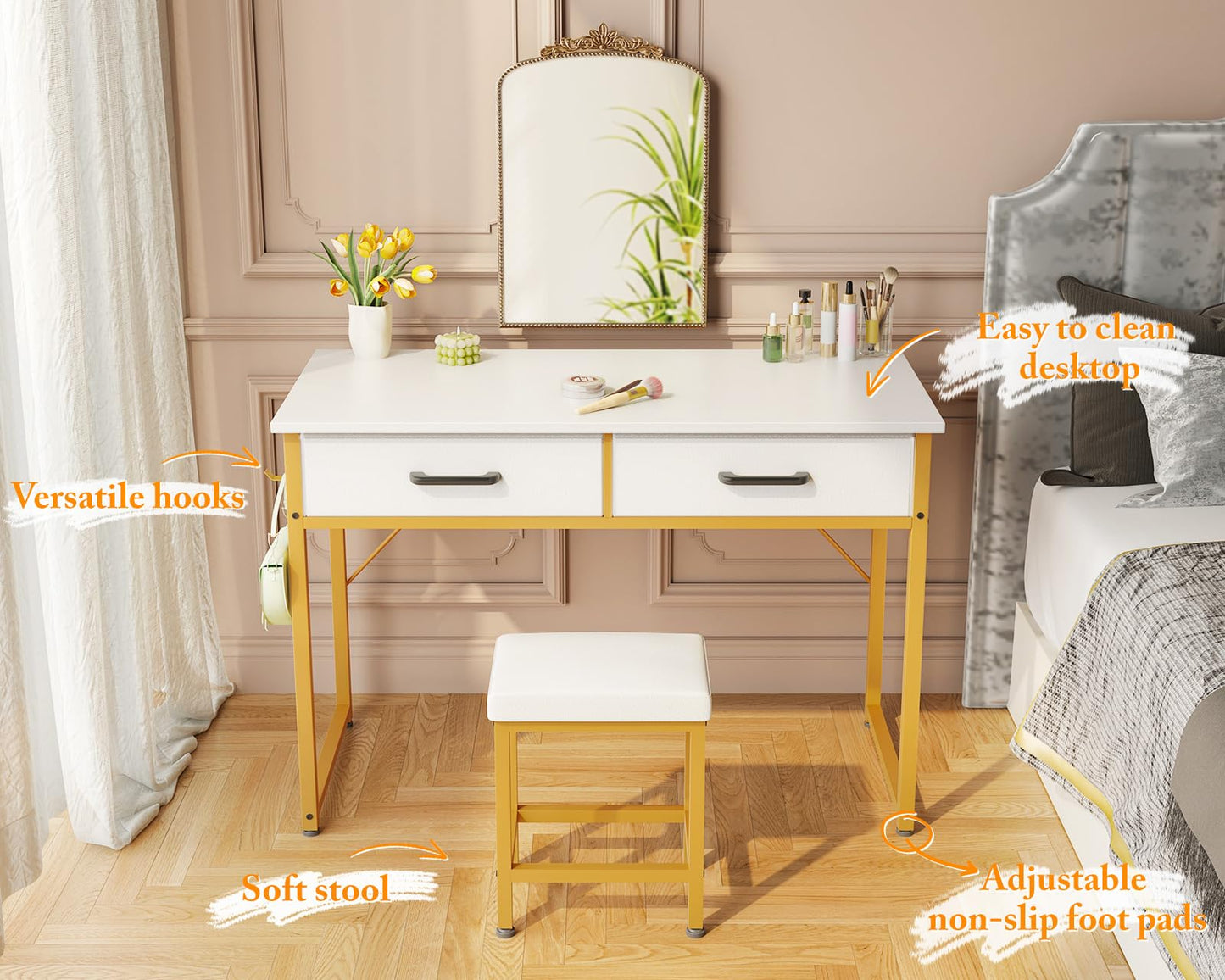 40-Inch Vanity Desk with Stool and Drawers