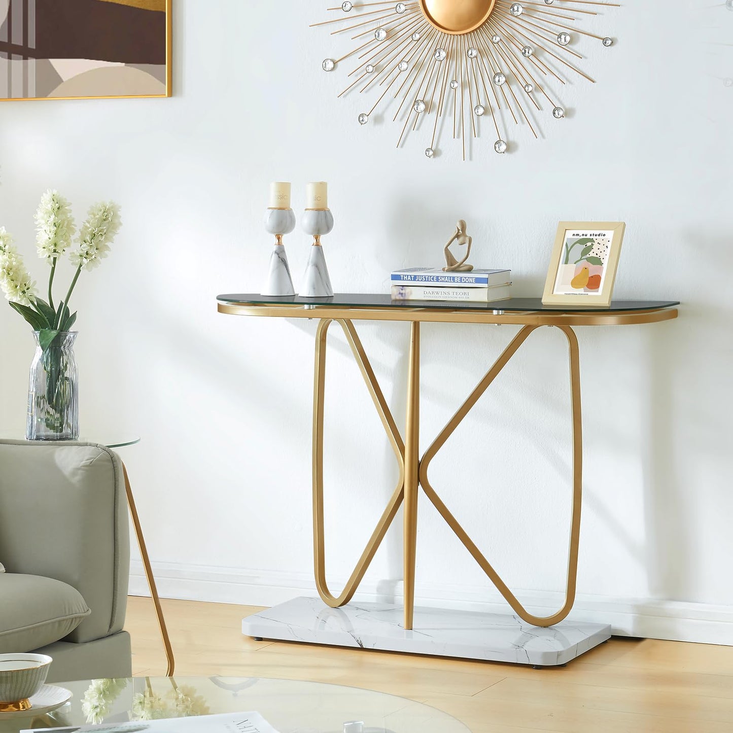 HOMISSUE Console Table, Modern Console Table with Tempered Glass Top and Metal Frame, Glass Entryway Table with Marbled MDF Base, Console Table for Entryway, Hallway, Living Room (Gold&Grey Glass)