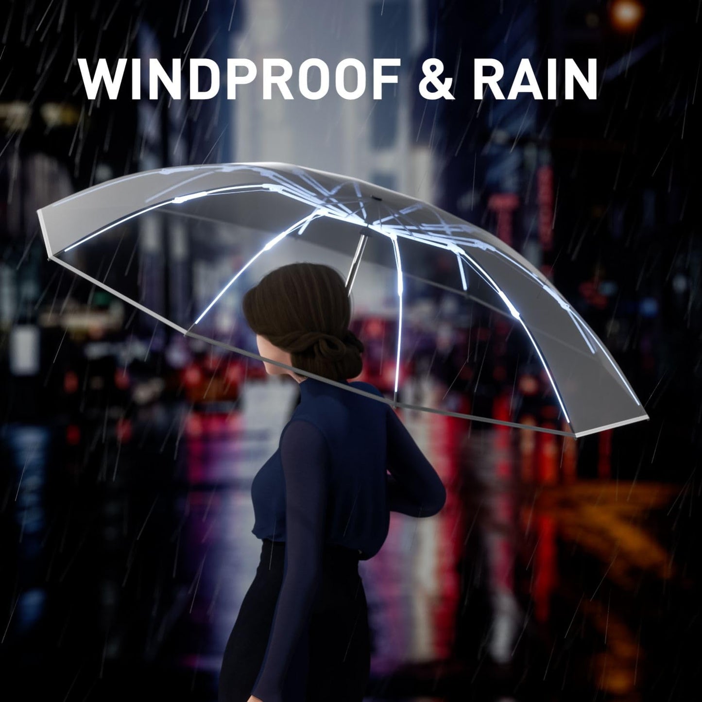 MJOFFIN Travel Inverted Umbrella,Large Windproof Umbrellas for Rain,Compact Auto Umbrella with Reflective Strip,Travel Reverse Folding Umbrella with case(Black)