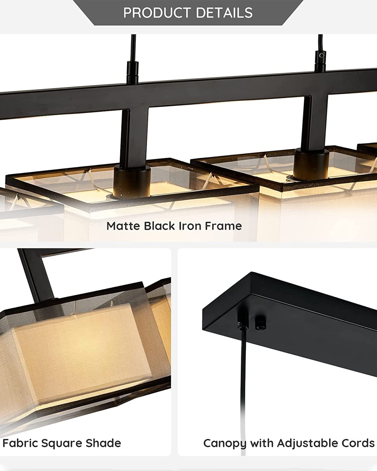 7PMBEANE Modern Rectangular Chandelier Hanging Light Fixture 4 Lights with Fabric Lampshade Adjustable for Dining Living Room Restaurant (Black)