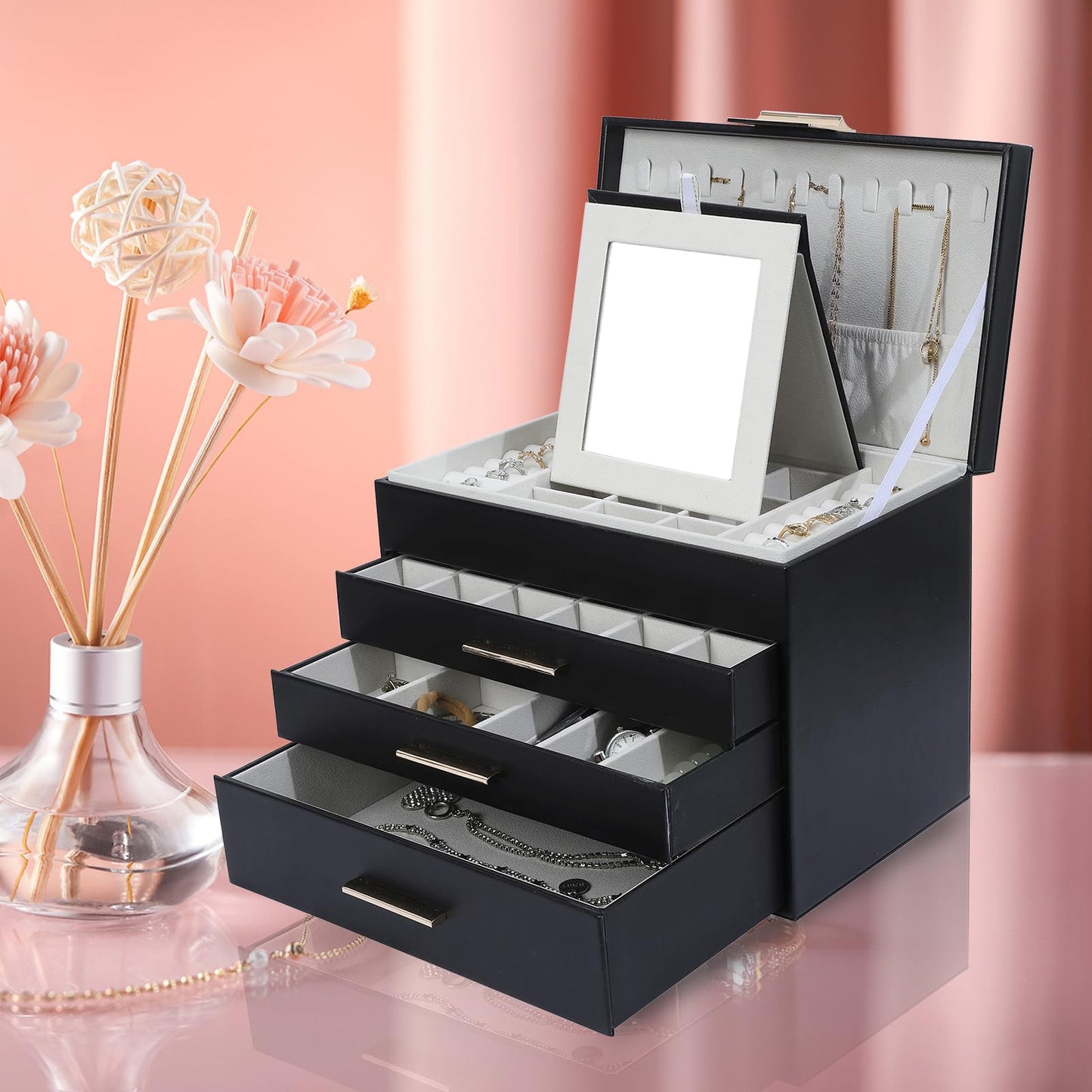 BOOVO 4 Layer Jewelry Box for Women, Jewelry Organizer Box with Necklace Hooks, 3 Drawers White Jewelry Box for Sunglasses, Necklace and Bracelet Storage (Black)