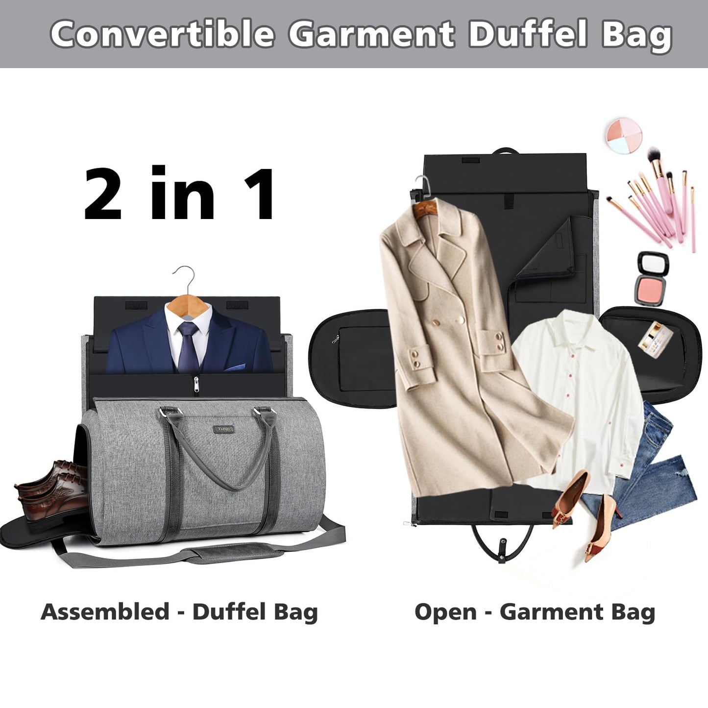 Convertible Garment Duffle Bags for Travel - Carry on Garment Bag for Men Women Large Travel Duffel Bag with Crossbody Bag 4pcs Set, 2 in 1 Hanging Suit Dress Clothes Travel Bag