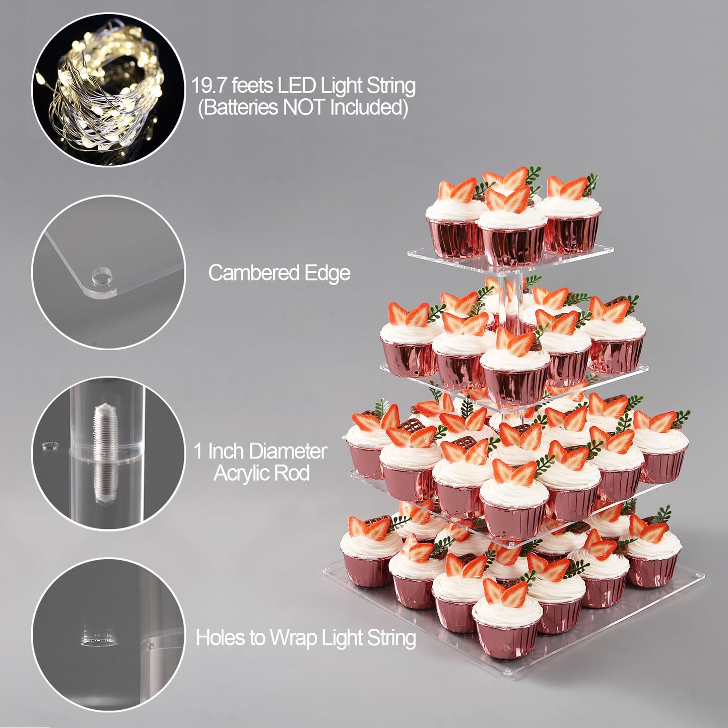 Yumhouse Cupcake Stand for 50 Cupcakes,4-Tier Acrylic Cupcake Tower Holder,Cupcake Holder,Dessert Stands with LED Light String for Cupcake Display,Wedding,Birthday,Baby Shower