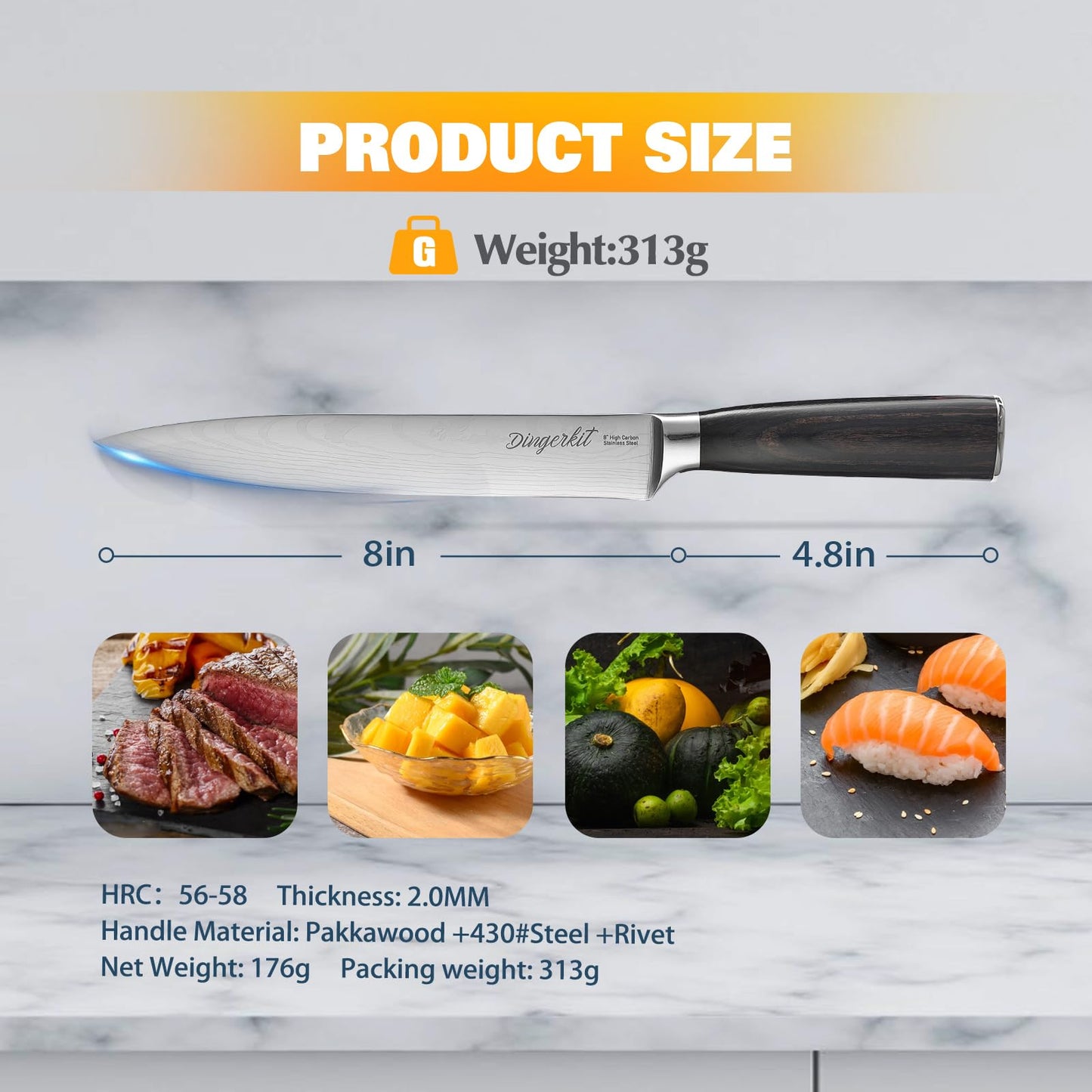 Dingerkit Carving Knife, 8" Brisket Knife for Meat Carving Vegetables Slicing Sushi Cutting with Damascus Pattern High Carbon Stainless Steel, Kitchen Chefs Knife with Pakkawood Handle.