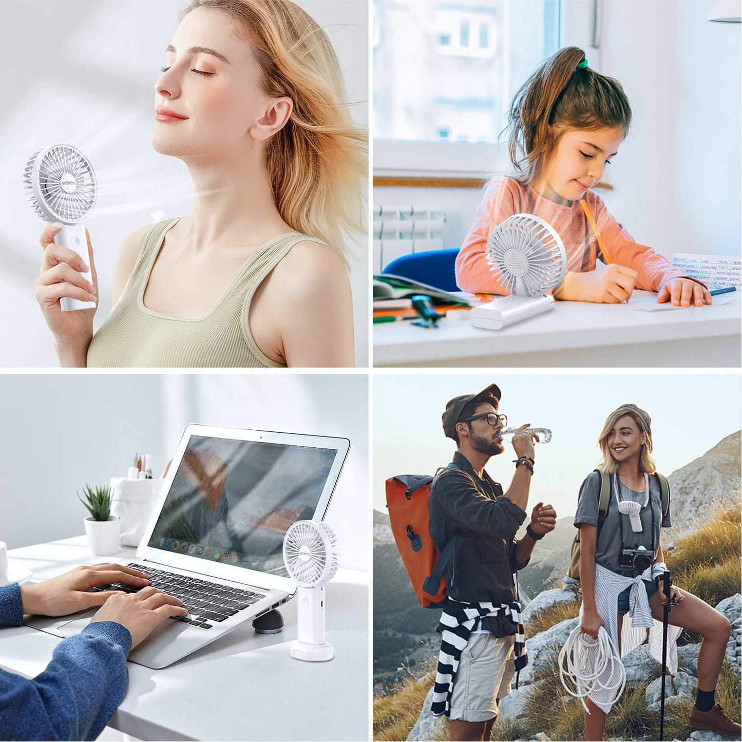 BICKON Handheld Fan, Portable Fan with USB Rechargeable Battery, 3 Adjustable Speed personal fan Desk Table fan with Base, Lightweight Makeup Fan for girls Women Kids, Travel, Outdoor Indoor Office
