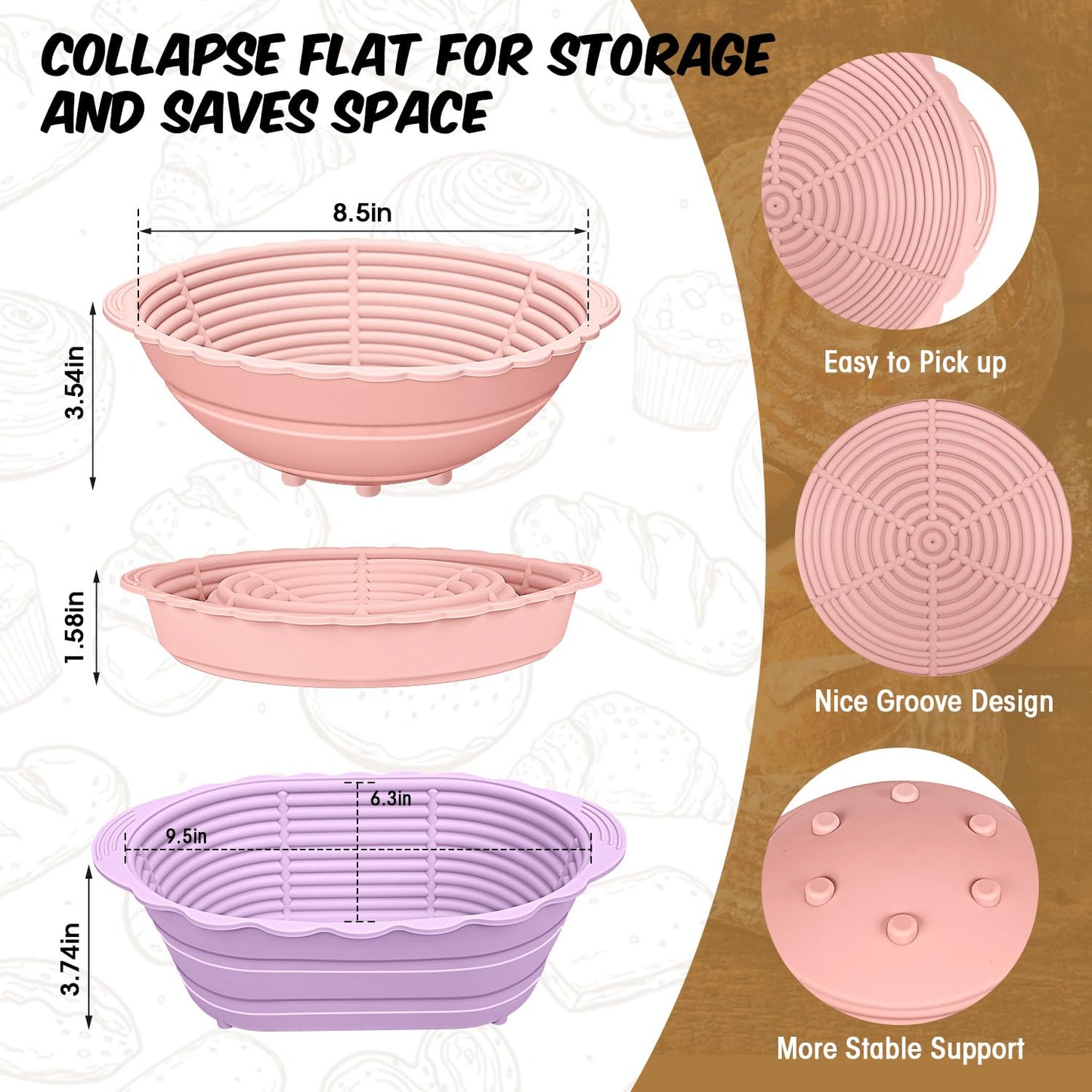 2Pack Bread Proofing Basket Banneton,Silicone Sourdough Bread Baking Baskets,9 Inch Collapsible Proofing Bowl Supplies Set Tool Kit Foldable for Bread Making Sourdough-Beige (Pink+Purple)