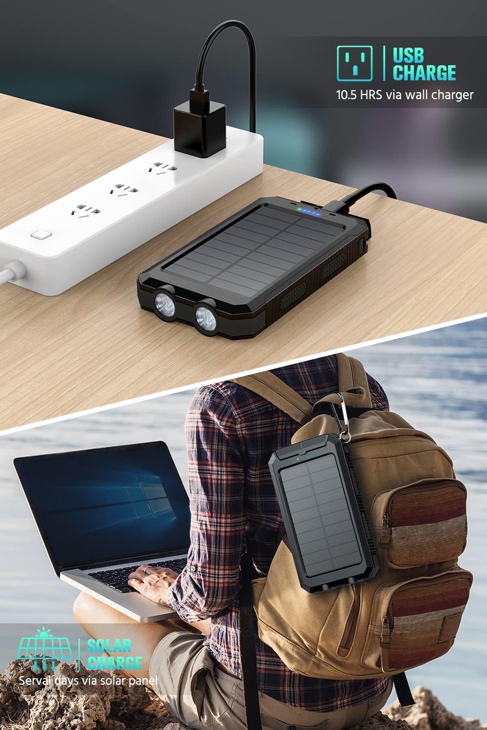 Feeke 36800mAh Solar Power Bank with Flashlight