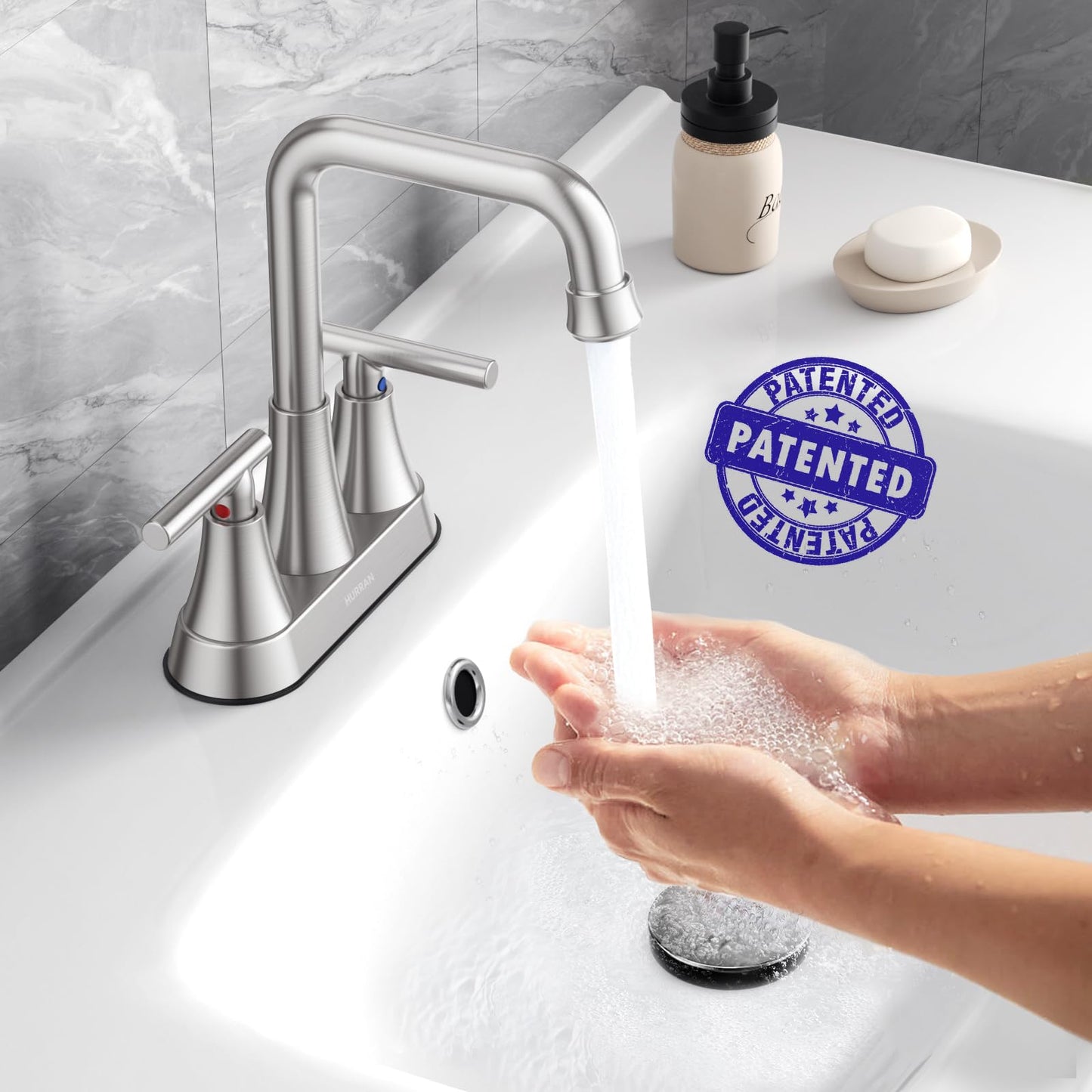 Bathroom Sink Faucet, Hurran 4 inch Brushed Nickel Bathroom Faucets for Sink 3 Hole with Pop-up Drain and Supply Lines, Stainless Steel 2-Handle Centerset Faucet for Bathroom Sink Vanity RV Restroom